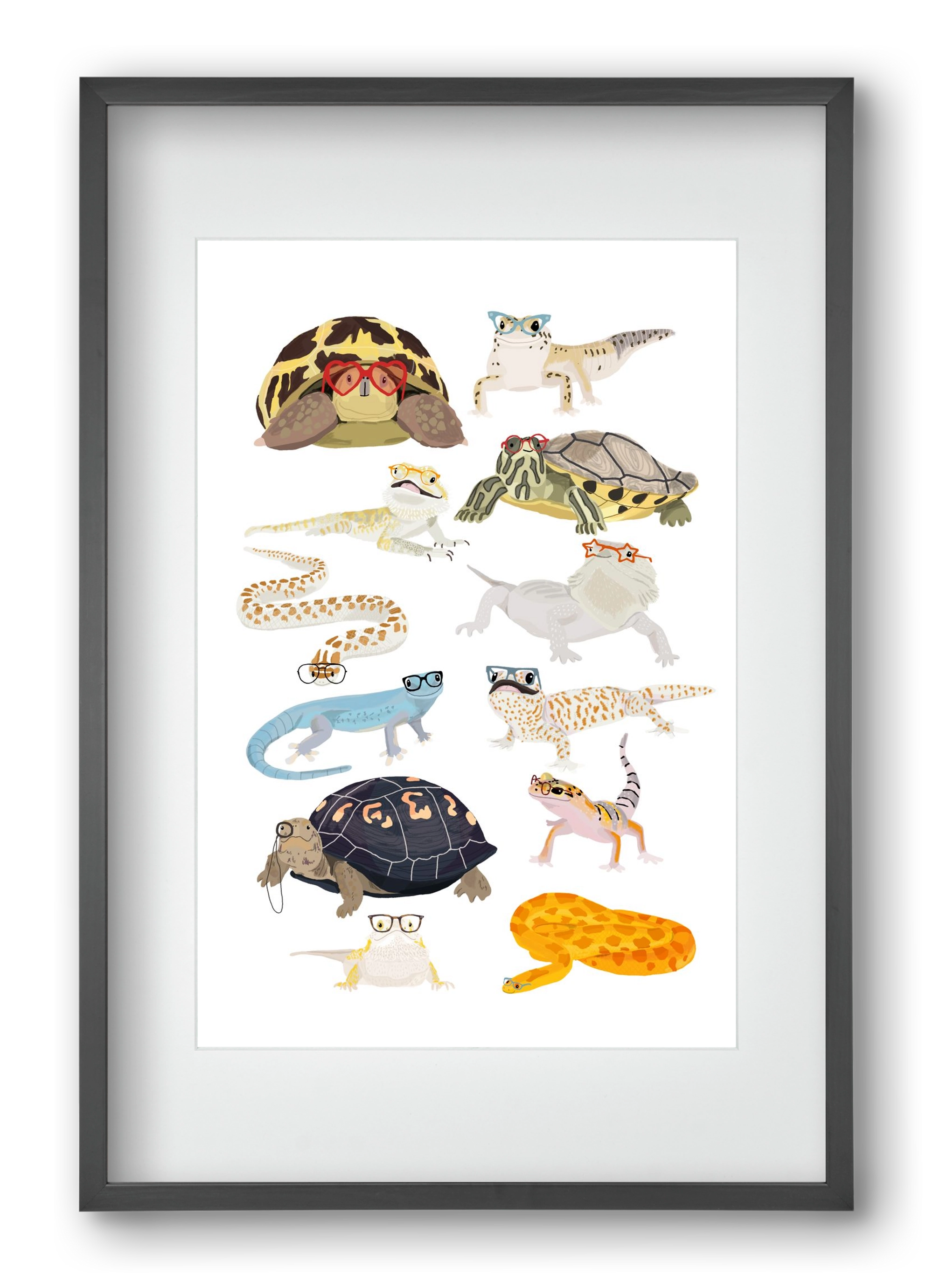 Reptiles in glasses print, 40x60 cm (30x45 cm), Fekete keret, paszpartuval