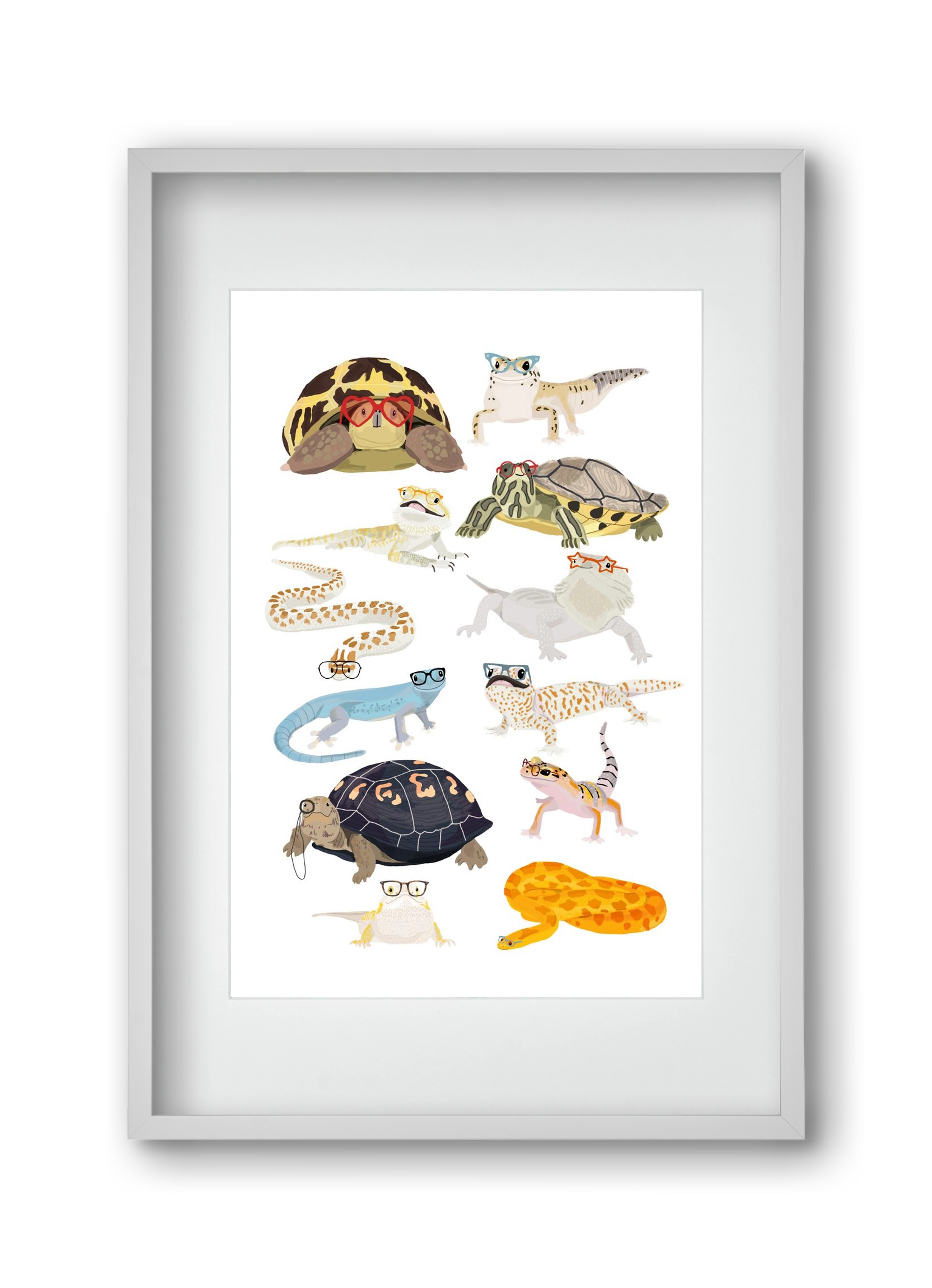 Reptiles in glasses print, 30x45 cm (20x30 cm), Fehér keret, paszpartuval