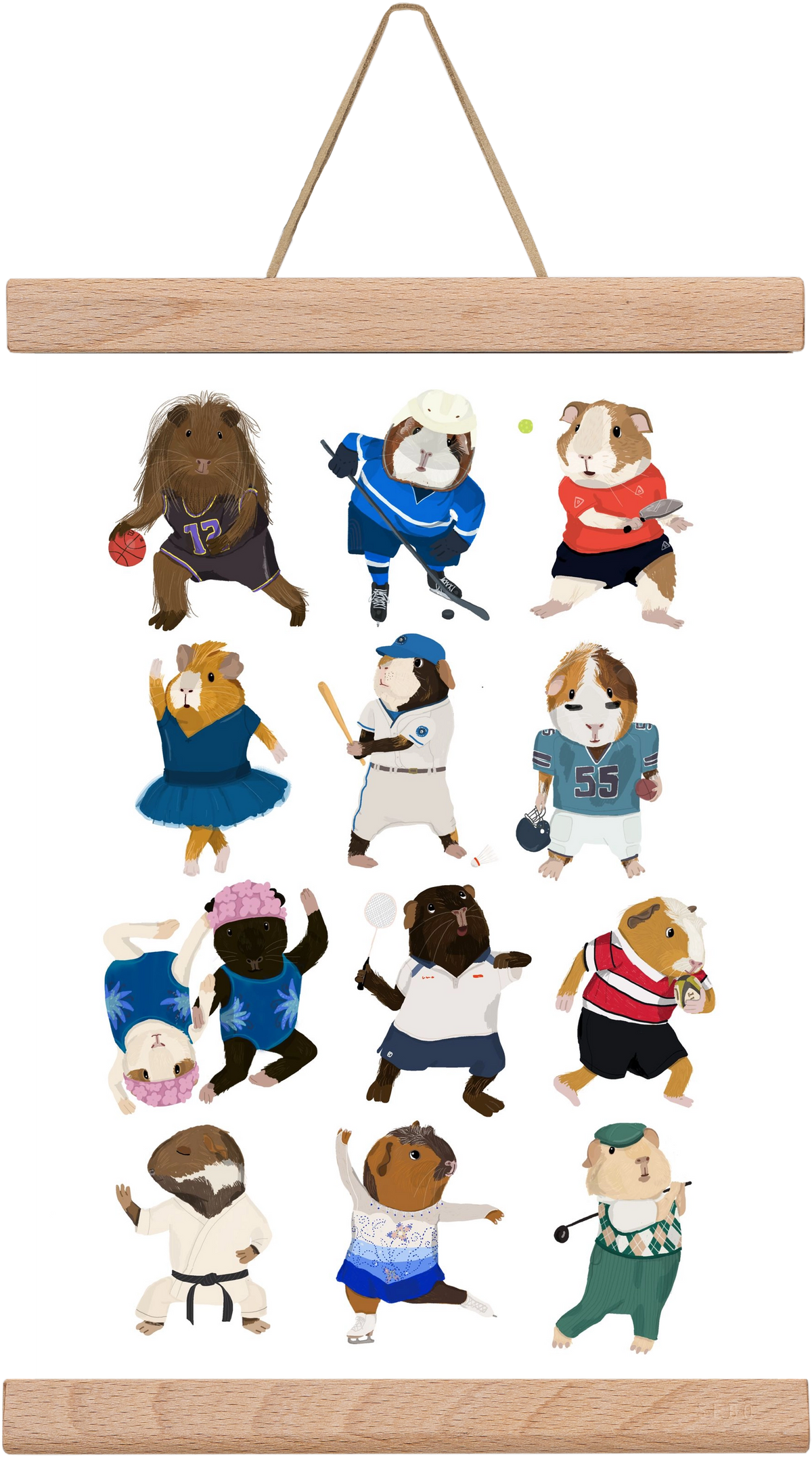 Guinea Pigs doing sports, 20x30 cm (20x30 cm), Tölgy akasztó