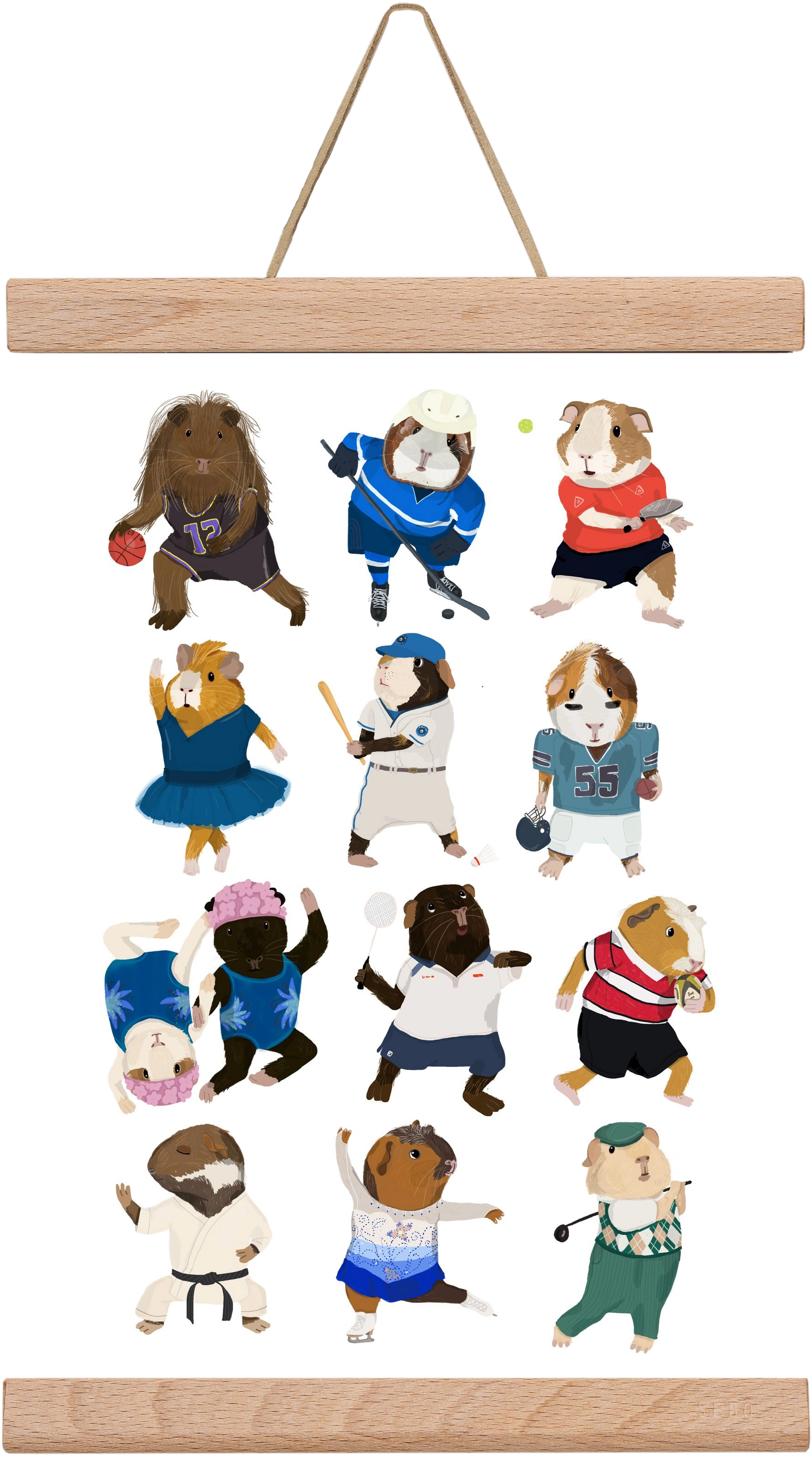 Guinea Pigs doing sports, 20x30 cm (20x30 cm), Tölgy akasztó