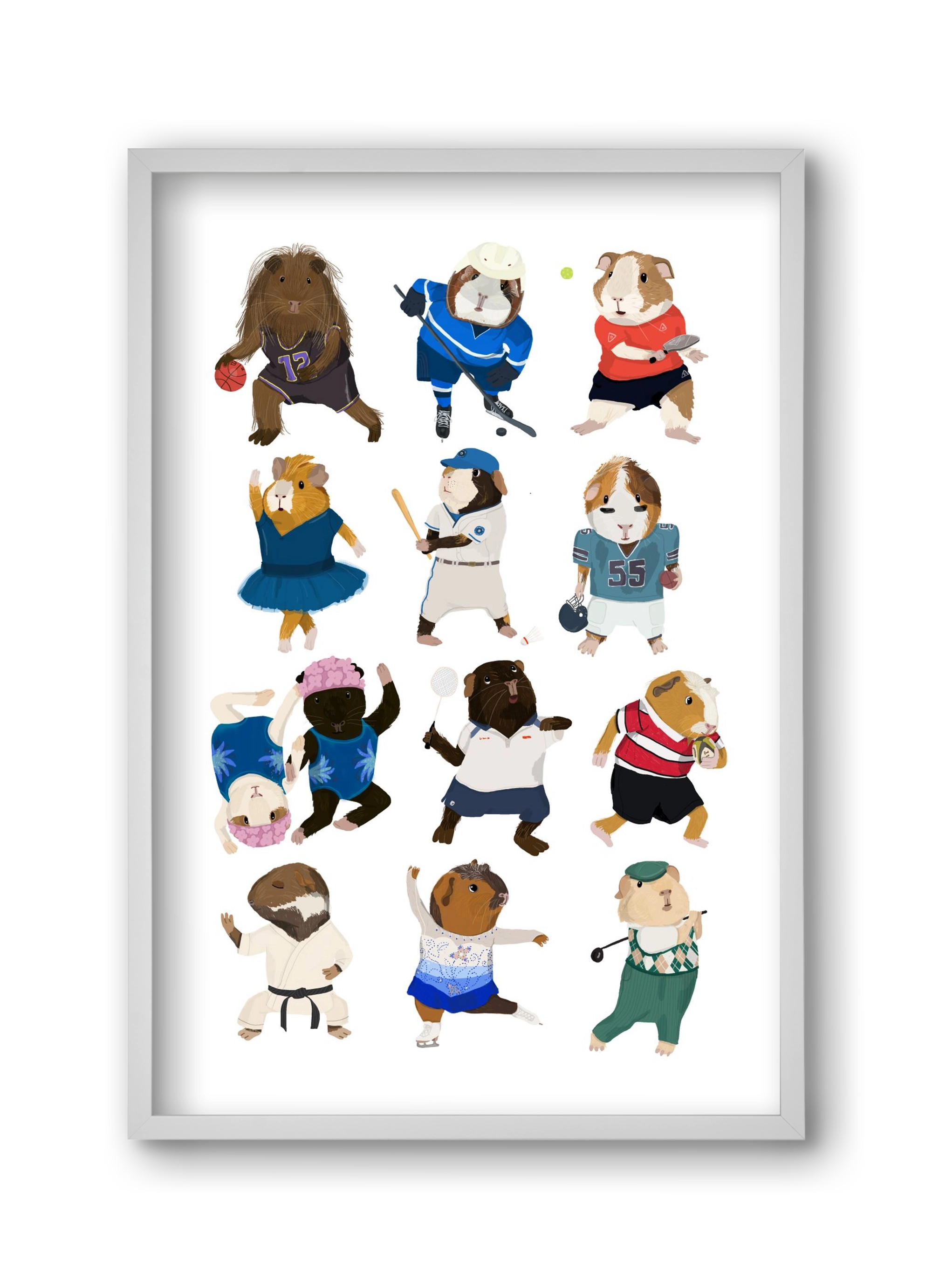 Guinea Pigs doing sports, 30x45 cm (30x45 cm), Fehér keret