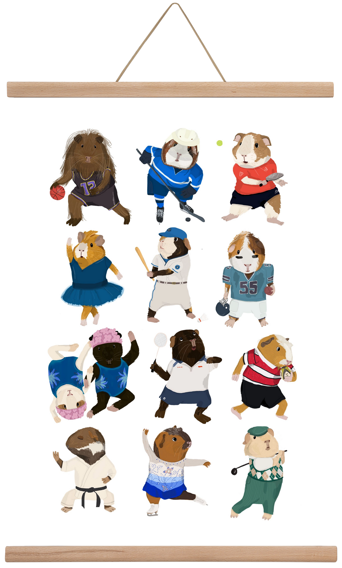 Guinea Pigs doing sports, 40x60 cm (40x60 cm), Tölgy akasztó
