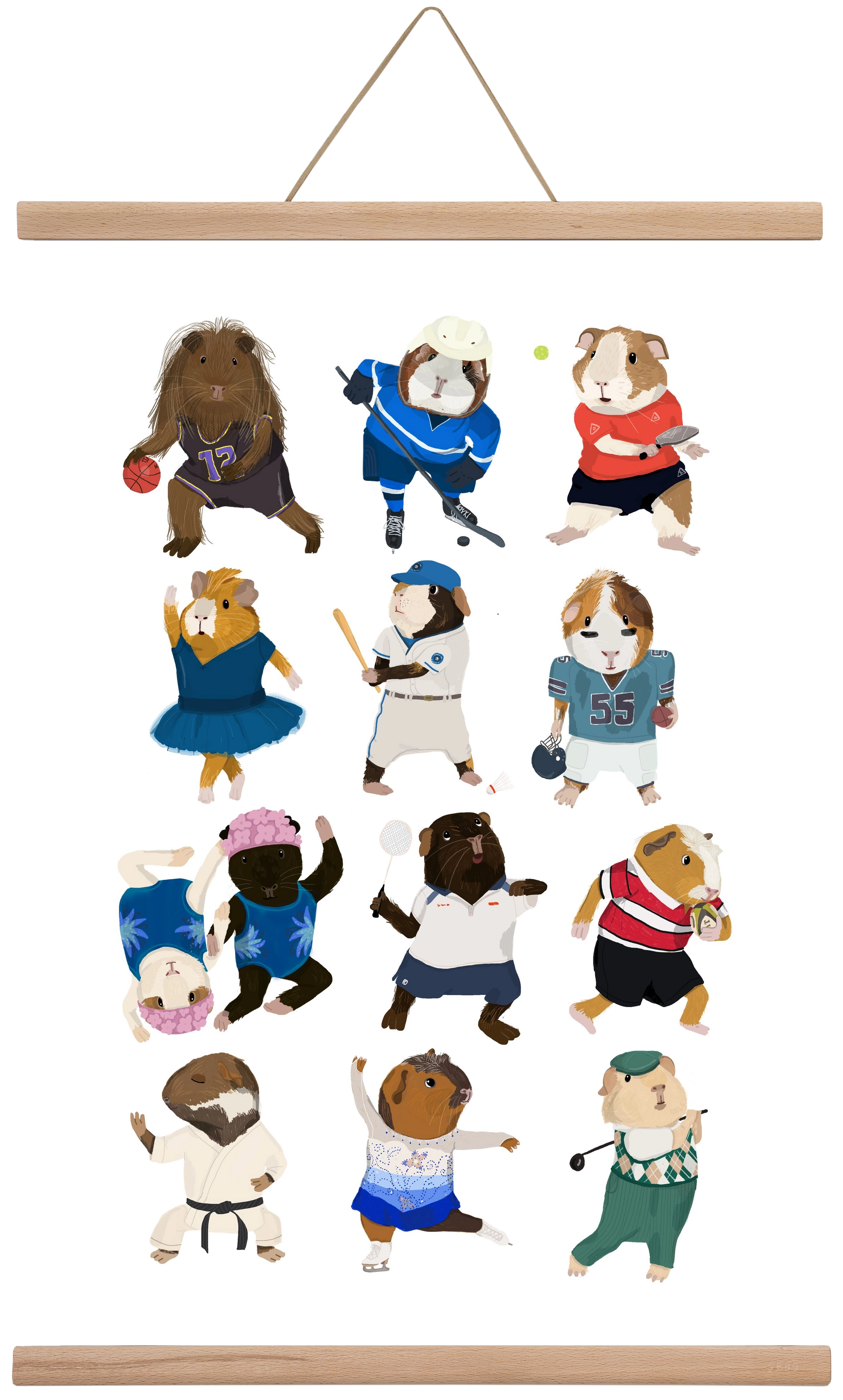 Guinea Pigs doing sports, 40x60 cm (40x60 cm), Tölgy akasztó