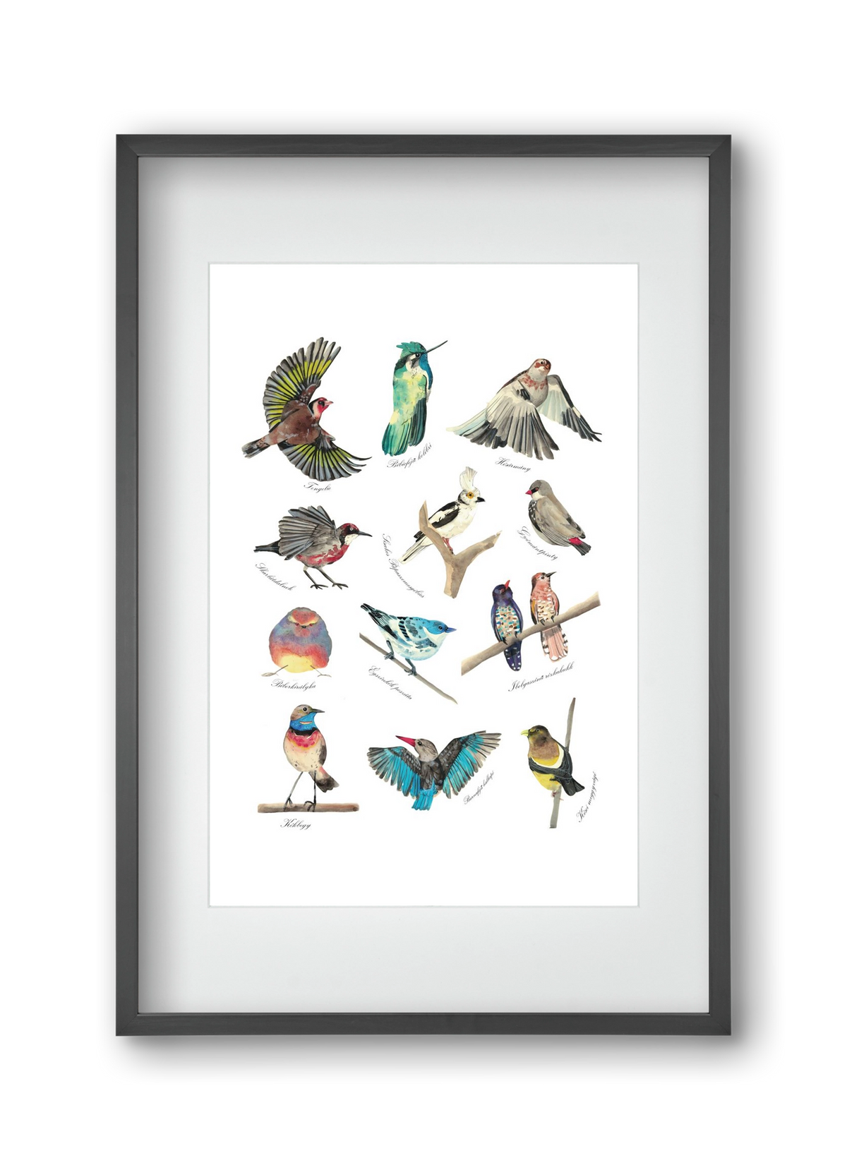 madarak, 30x45 cm (20x30 cm), Fekete keret, paszpartuval