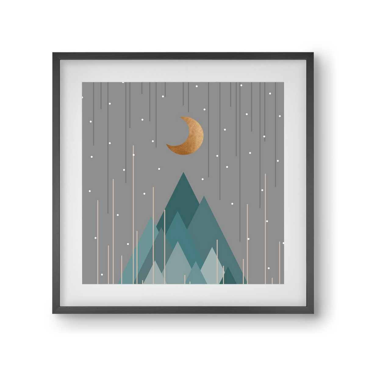 Moon & Mountains Mint Green , 30x30 cm (20x20 cm), Fekete keret, paszpartuval