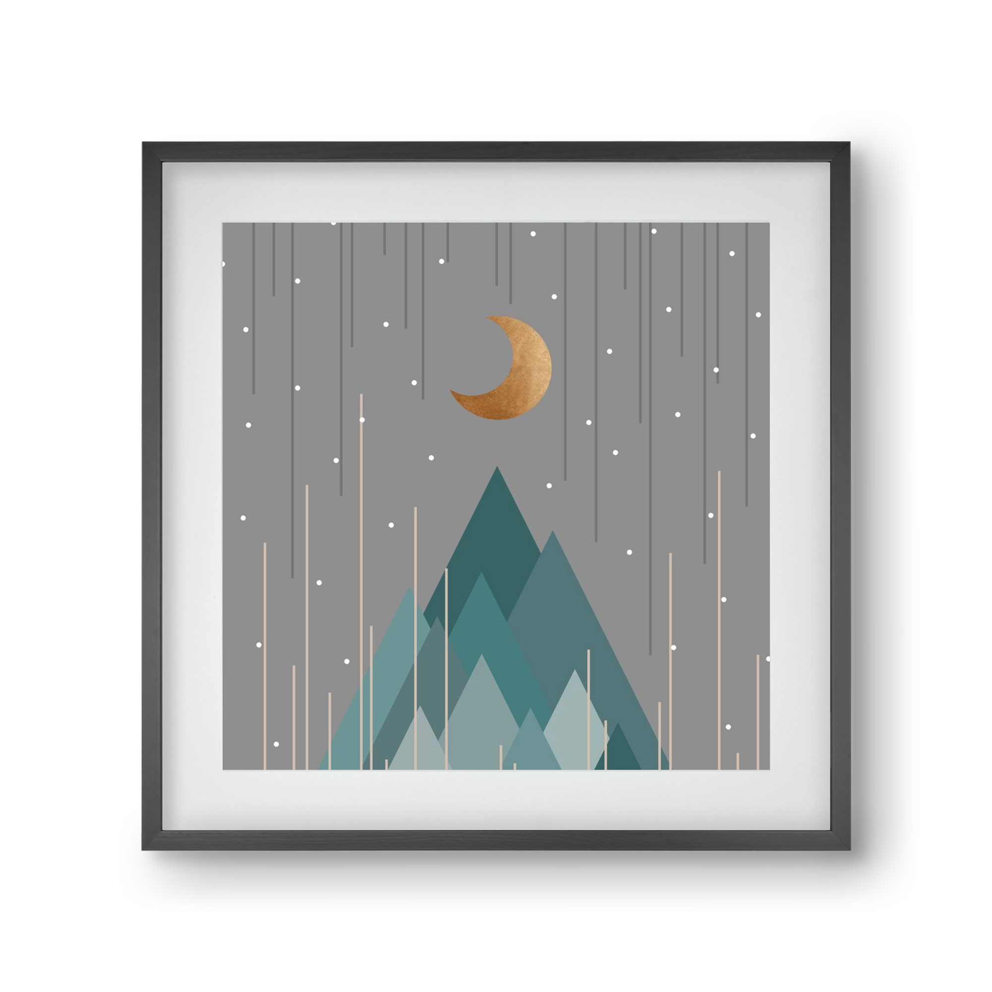 Moon & Mountains Mint Green , 30x30 cm (20x20 cm), Fekete keret, paszpartuval