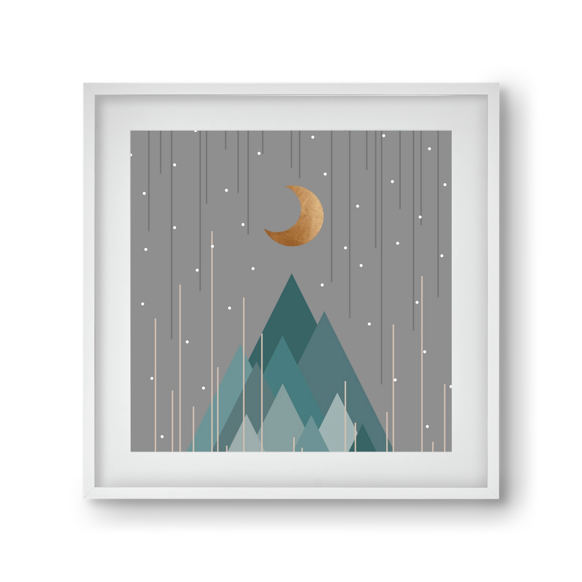 Moon & Mountains Mint Green , 30x30 cm (20x20 cm), Fehér keret, paszpartuval