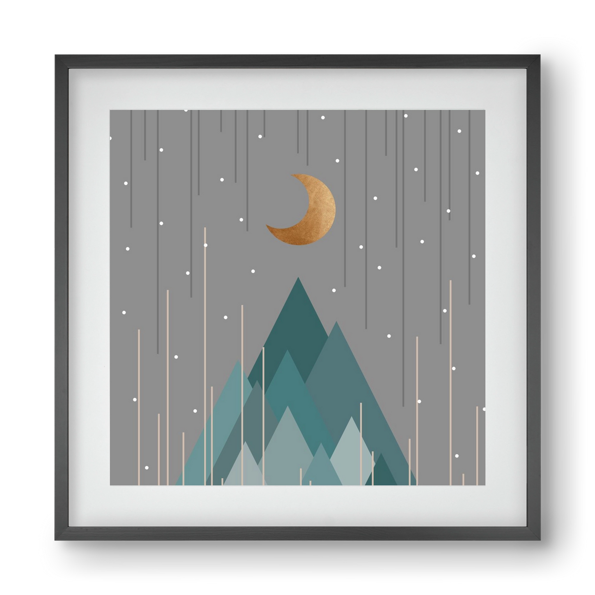 Moon & Mountains Mint Green , 40x40 cm (30x30 cm), Fekete keret, paszpartuval