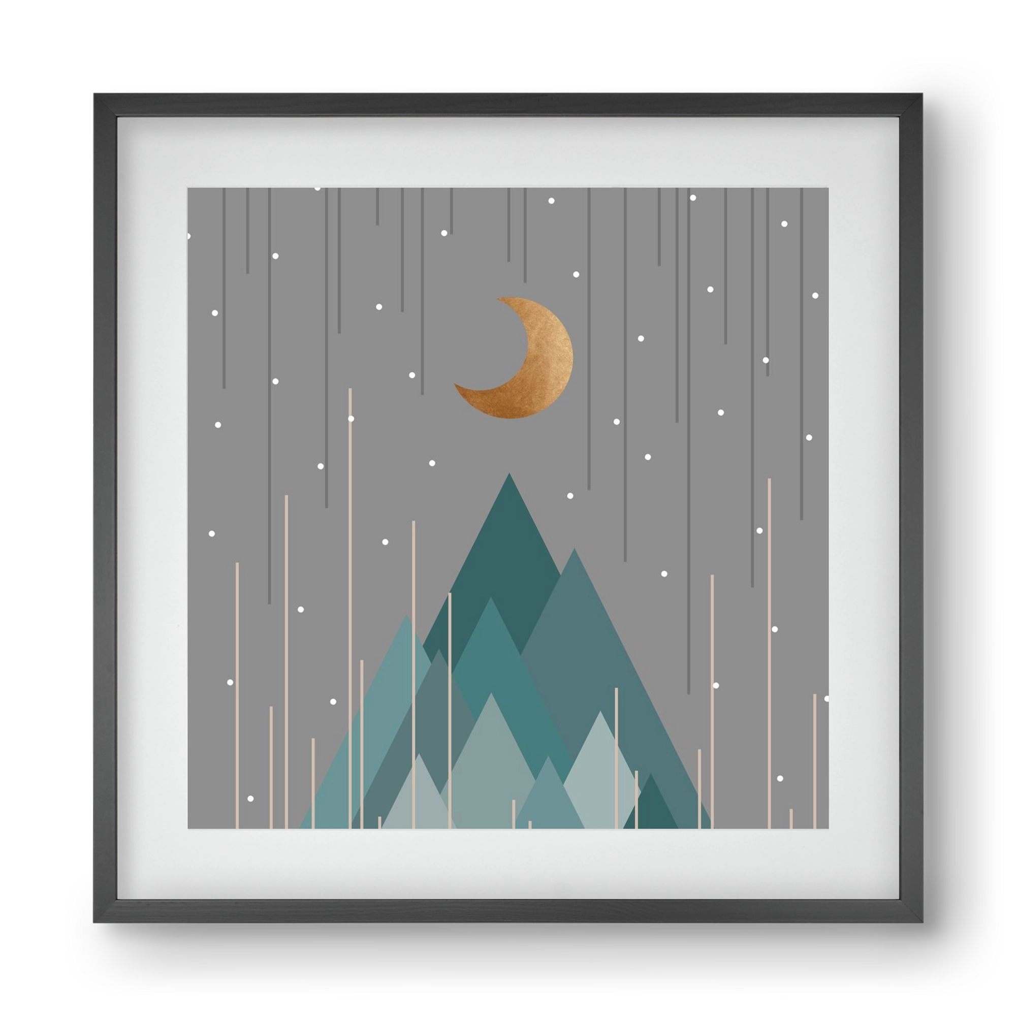 Moon & Mountains Mint Green , 40x40 cm (30x30 cm), Fekete keret, paszpartuval