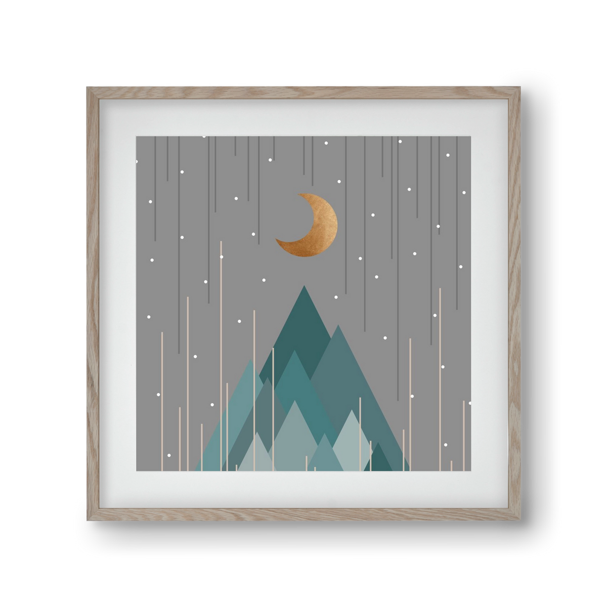 Moon & Mountains Mint Green , 30x30 cm (20x20 cm), Tölgy keret, paszpartuval