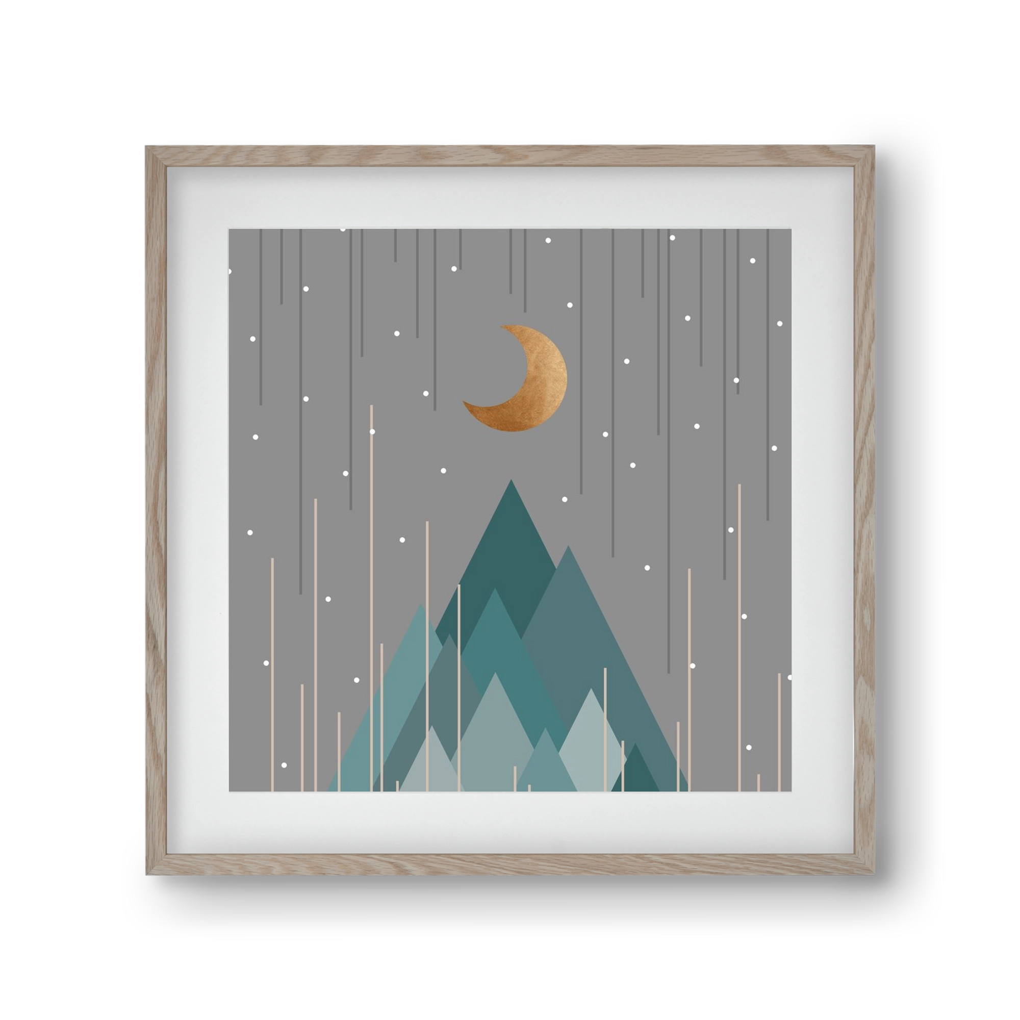 Moon & Mountains Mint Green , 30x30 cm (20x20 cm), Tölgy keret, paszpartuval