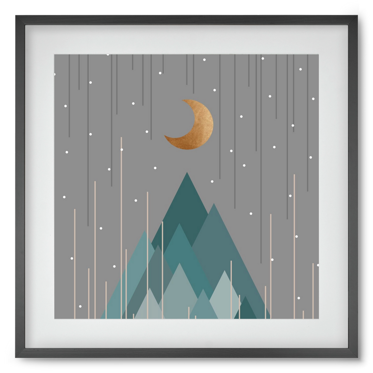 Moon & Mountains Mint Green , 50x50 cm (40x40 cm), Fekete keret, paszpartuval