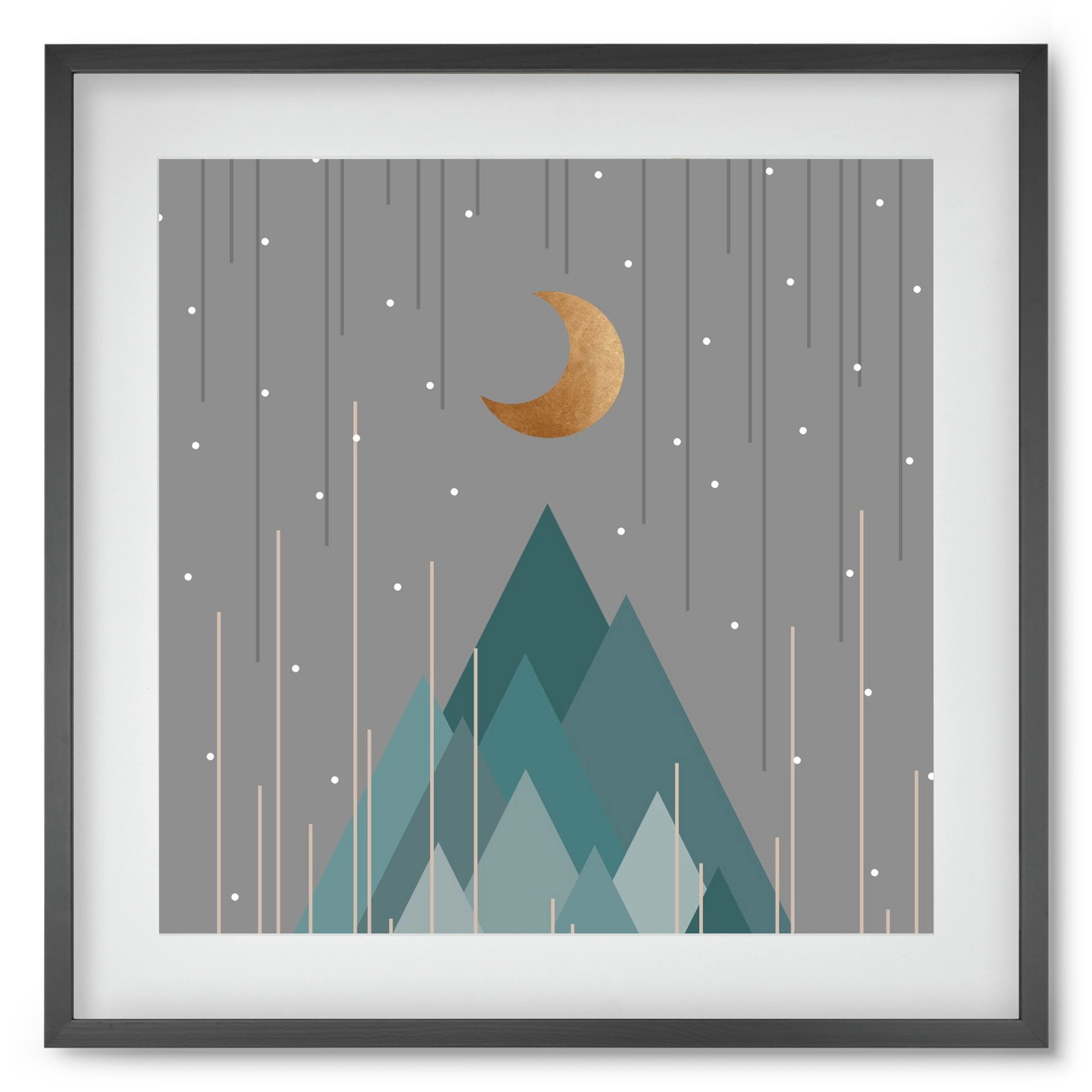 Moon & Mountains Mint Green , 50x50 cm (40x40 cm), Fekete keret, paszpartuval