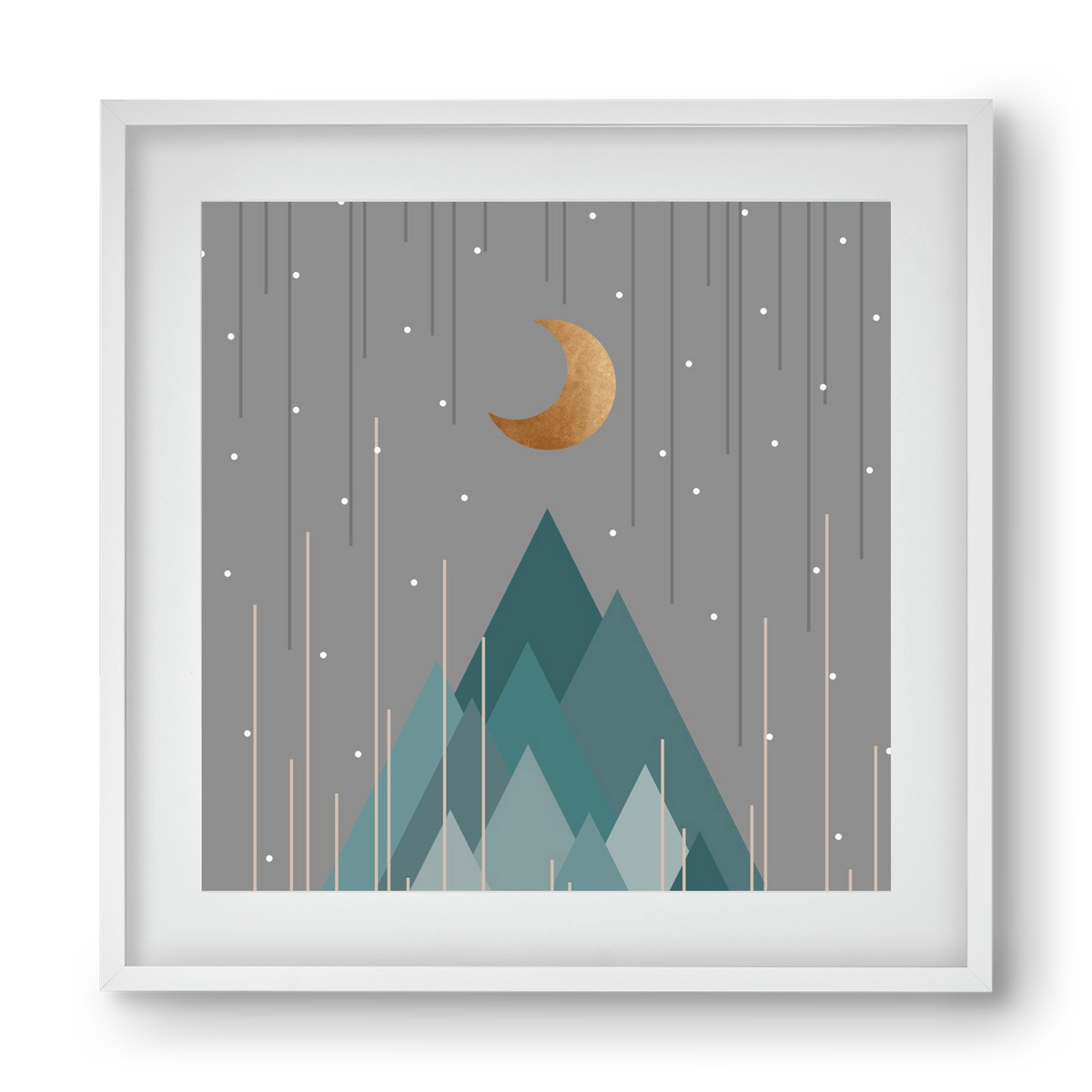 Moon & Mountains Mint Green , 40x40 cm (30x30 cm), Fehér keret, paszpartuval