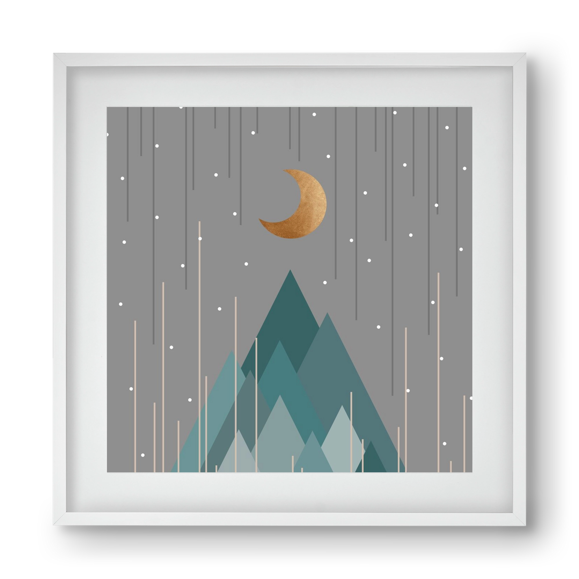 Moon & Mountains Mint Green , 40x40 cm (30x30 cm), Fehér keret, paszpartuval