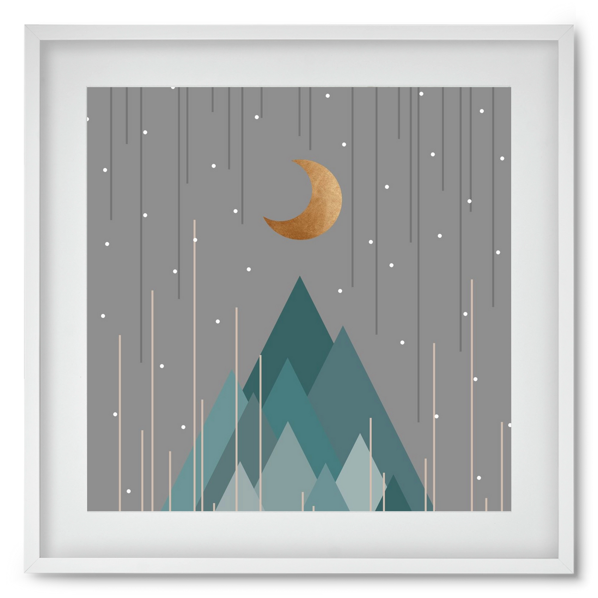 Moon & Mountains Mint Green , 50x50 cm (40x40 cm), Fehér keret, paszpartuval