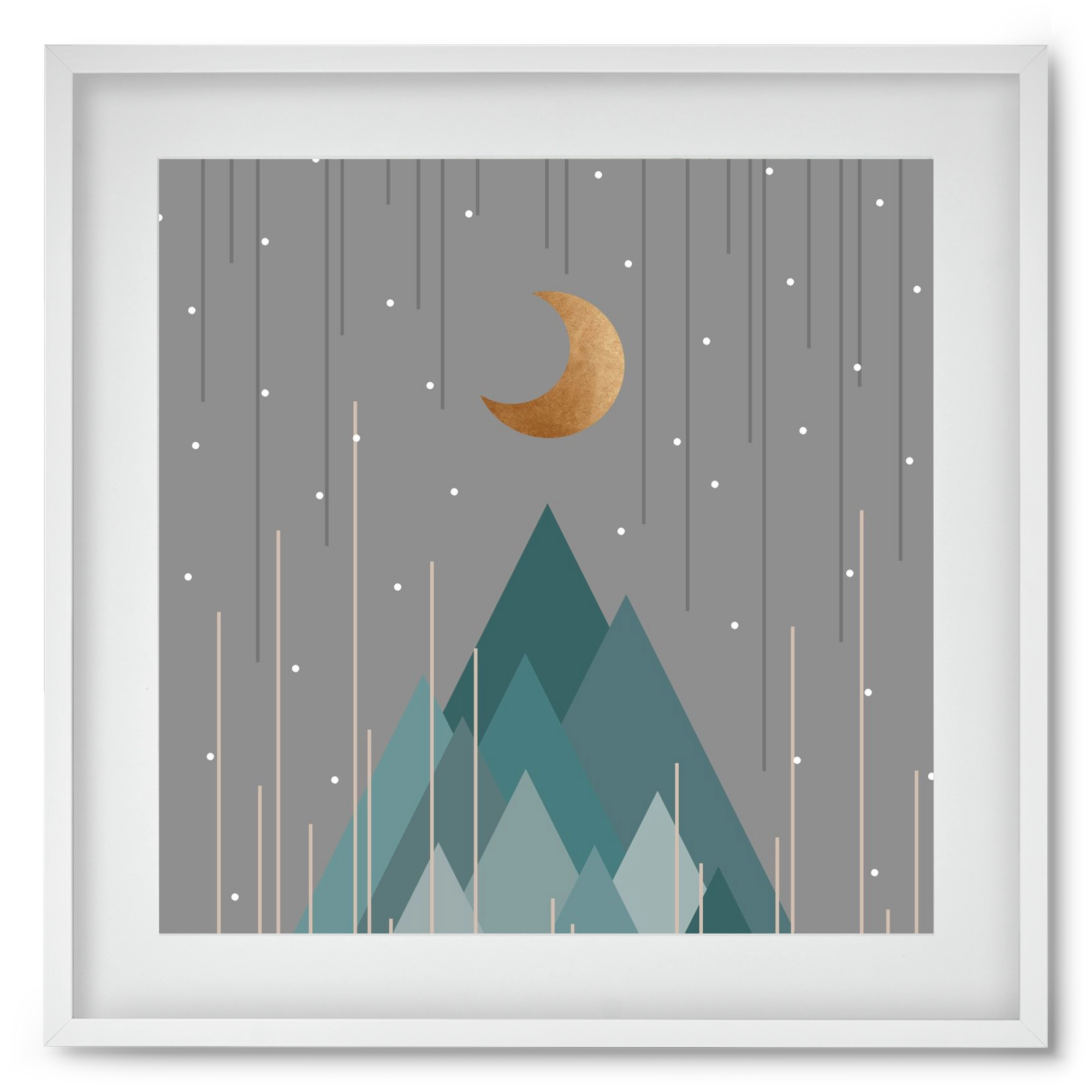 Moon & Mountains Mint Green , 50x50 cm (40x40 cm), Fehér keret, paszpartuval