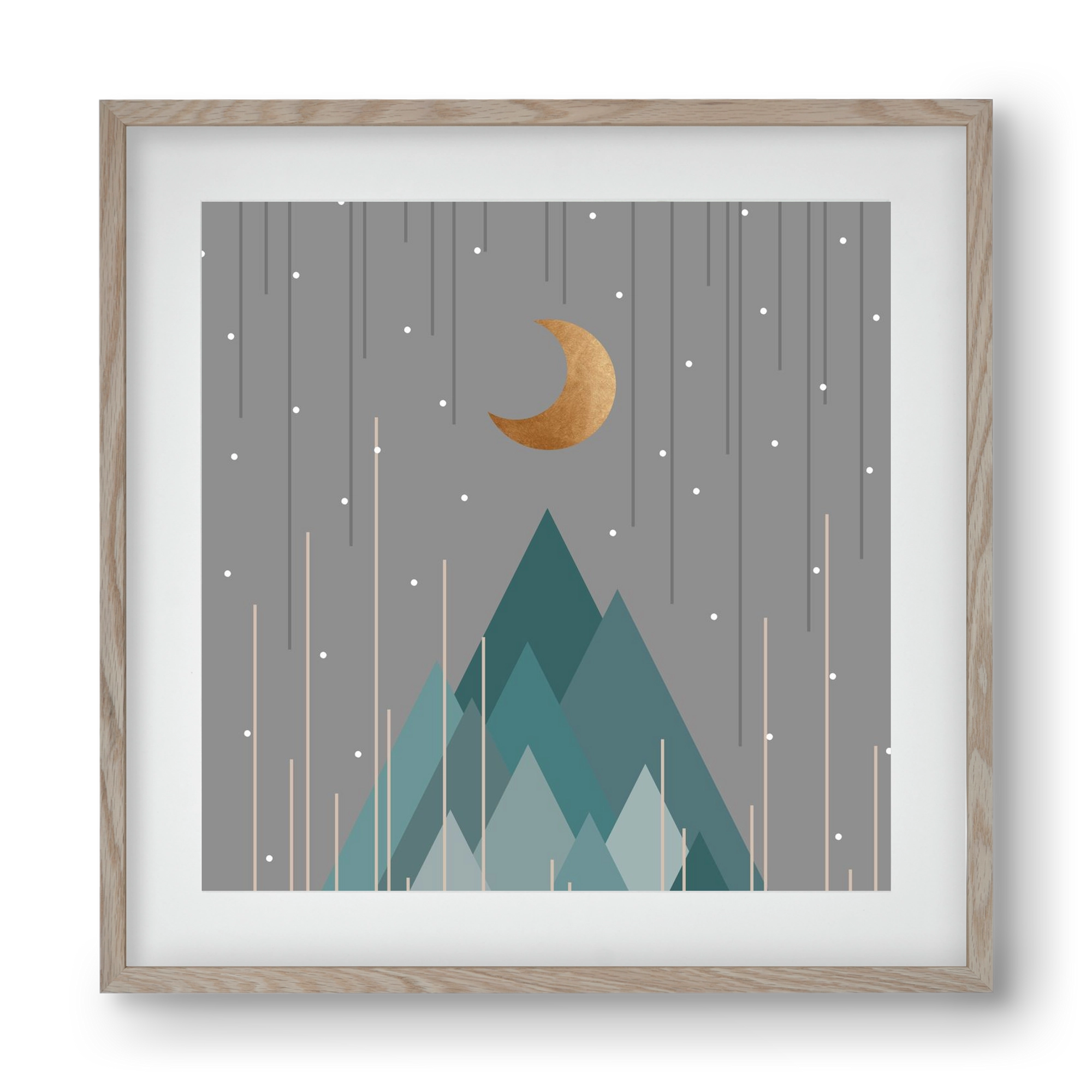 Moon & Mountains Mint Green , 40x40 cm (30x30 cm), Tölgy keret, paszpartuval