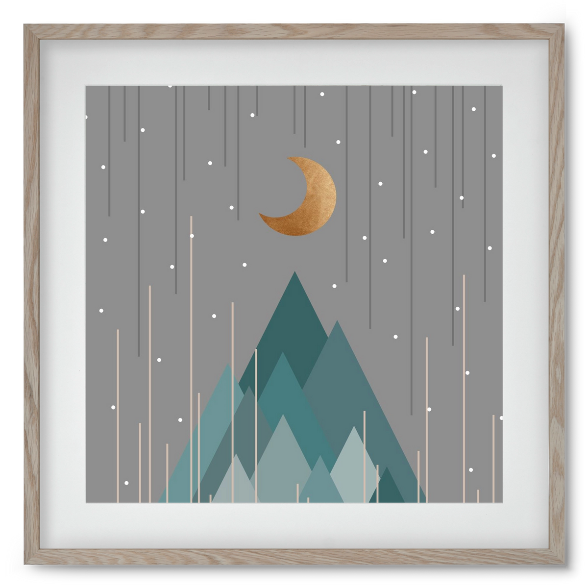 Moon & Mountains Mint Green , 50x50 cm (40x40 cm), Tölgy keret, paszpartuval