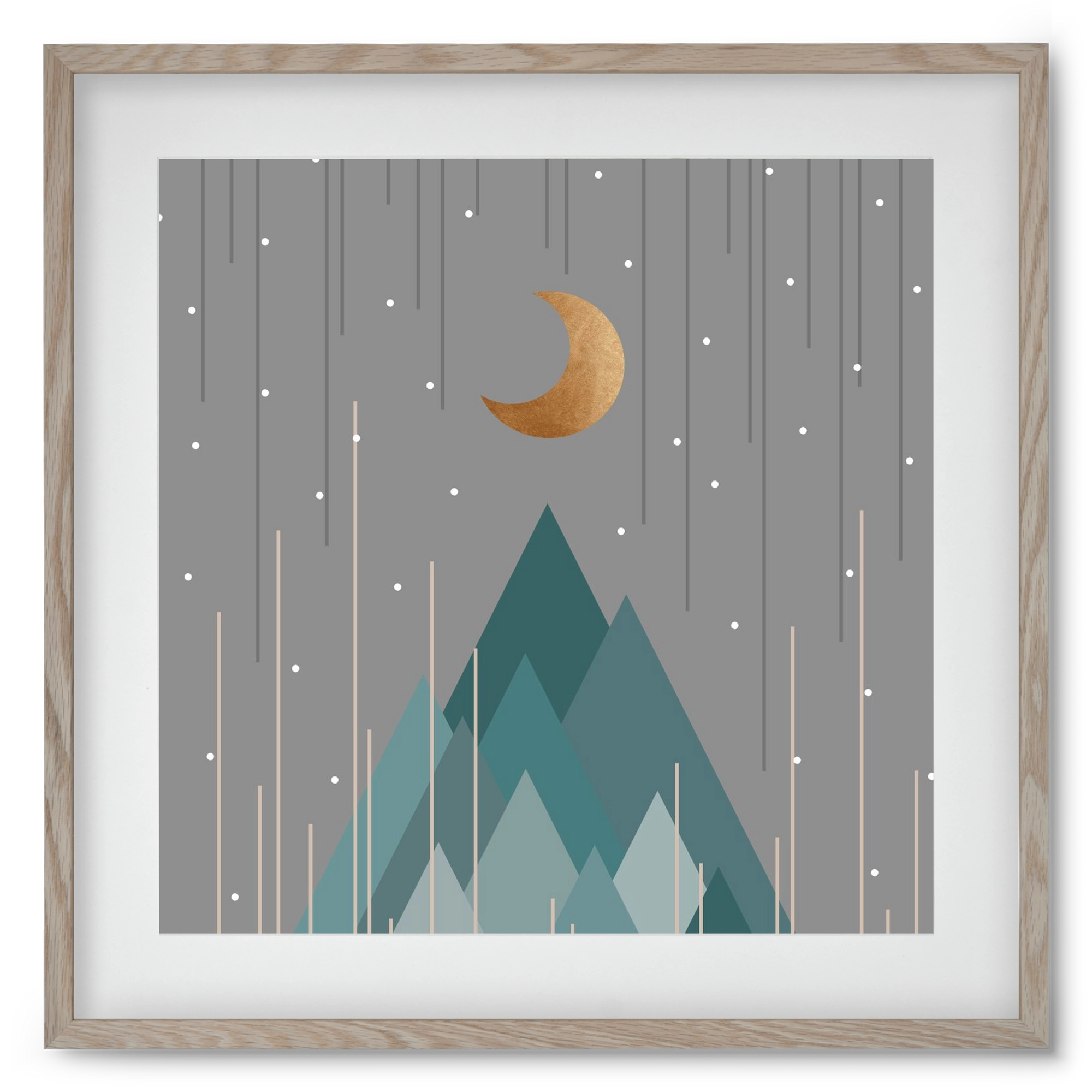 Moon & Mountains Mint Green , 50x50 cm (40x40 cm), Tölgy keret, paszpartuval