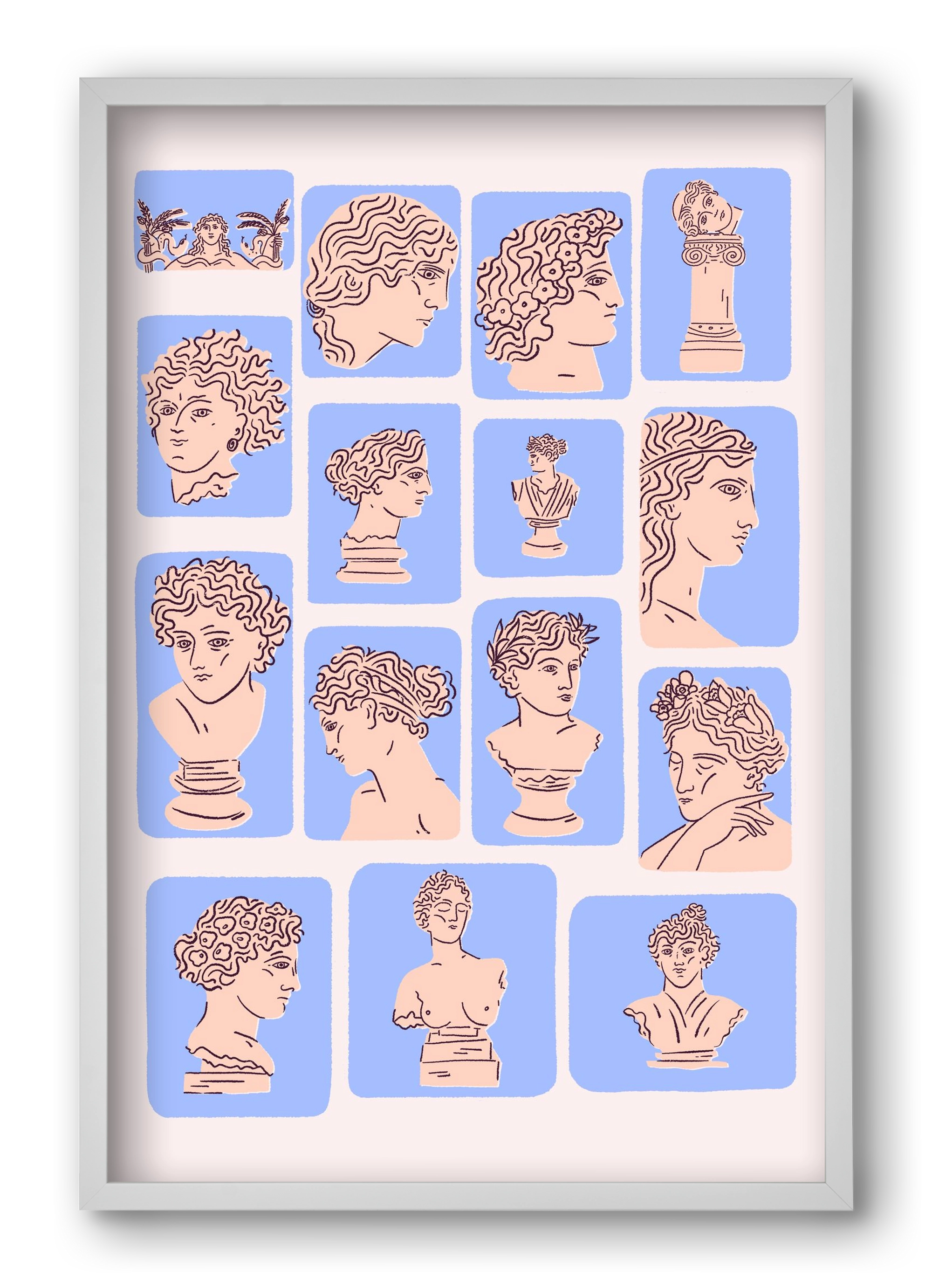 Ancient Faces Blue, 40x60 cm (40x60 cm), Fehér keret