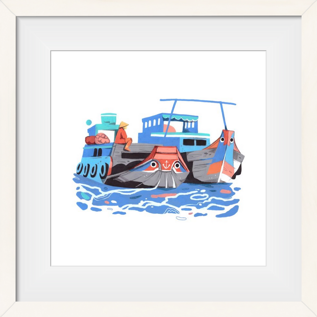 Cai Rang floating market, 40x40 cm (30x30 cm), Fehér keret, paszpartuval