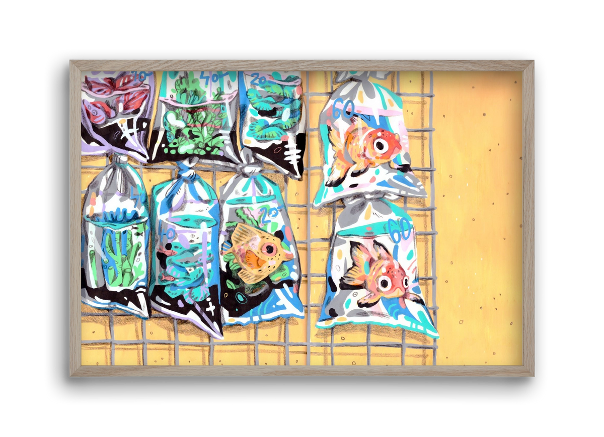 Goldfish market, 45x30 cm (45x30 cm), Tölgy keret