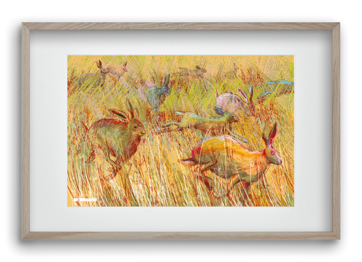 Running of hares, 60x40 cm (45x30 cm), Tölgy keret, paszpartuval