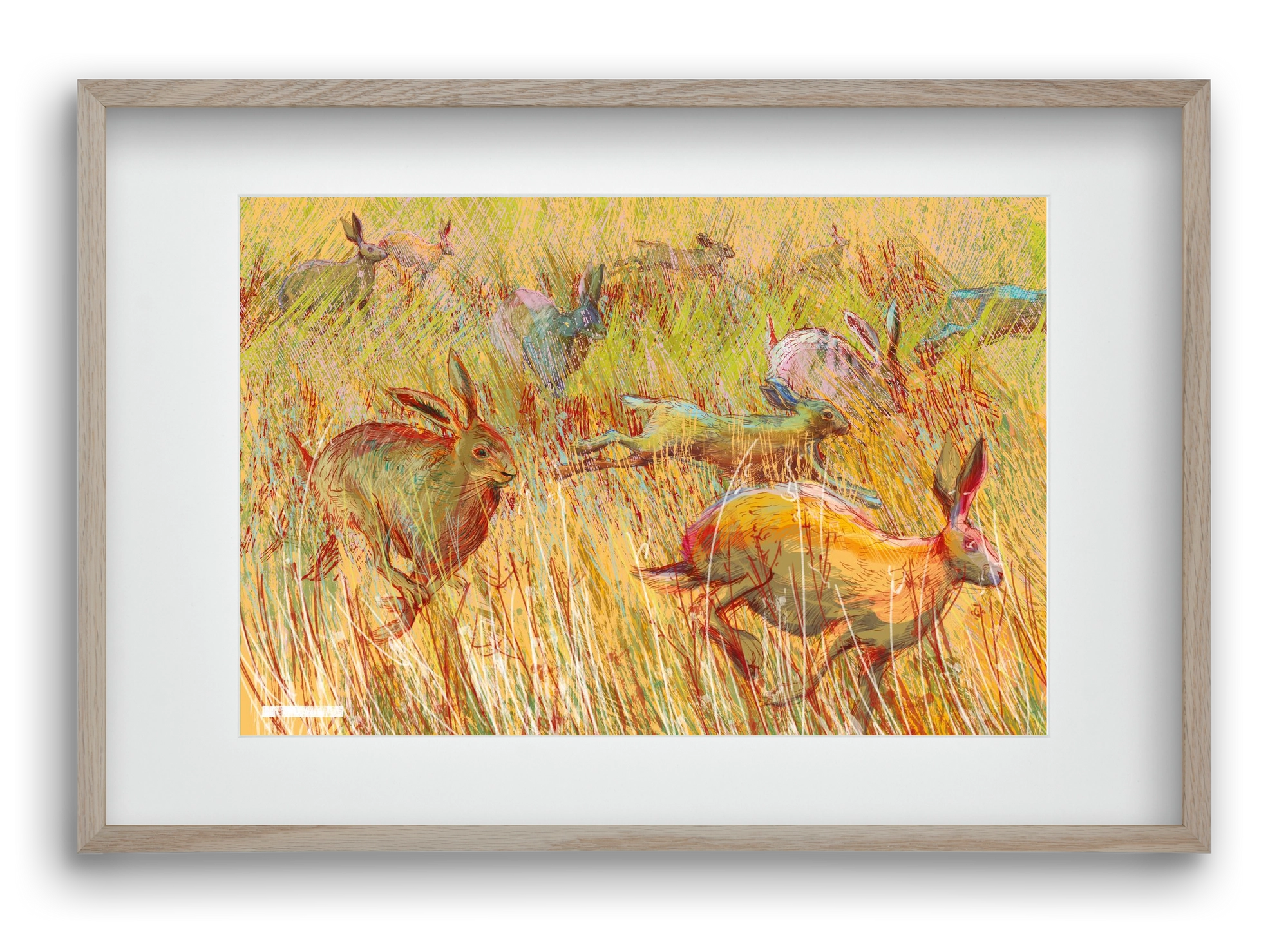 Running of hares, 60x40 cm (45x30 cm), Tölgy keret, paszpartuval
