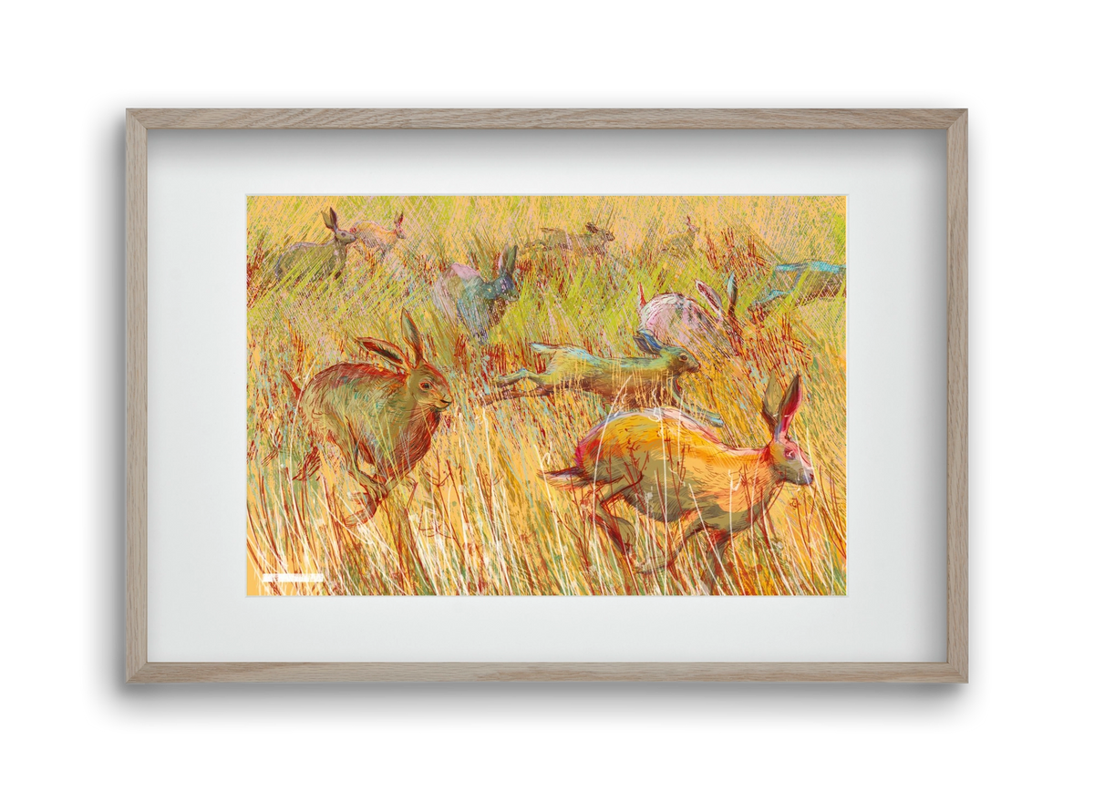 Running of hares, 45x30 cm (30x20 cm), Tölgy keret, paszpartuval
