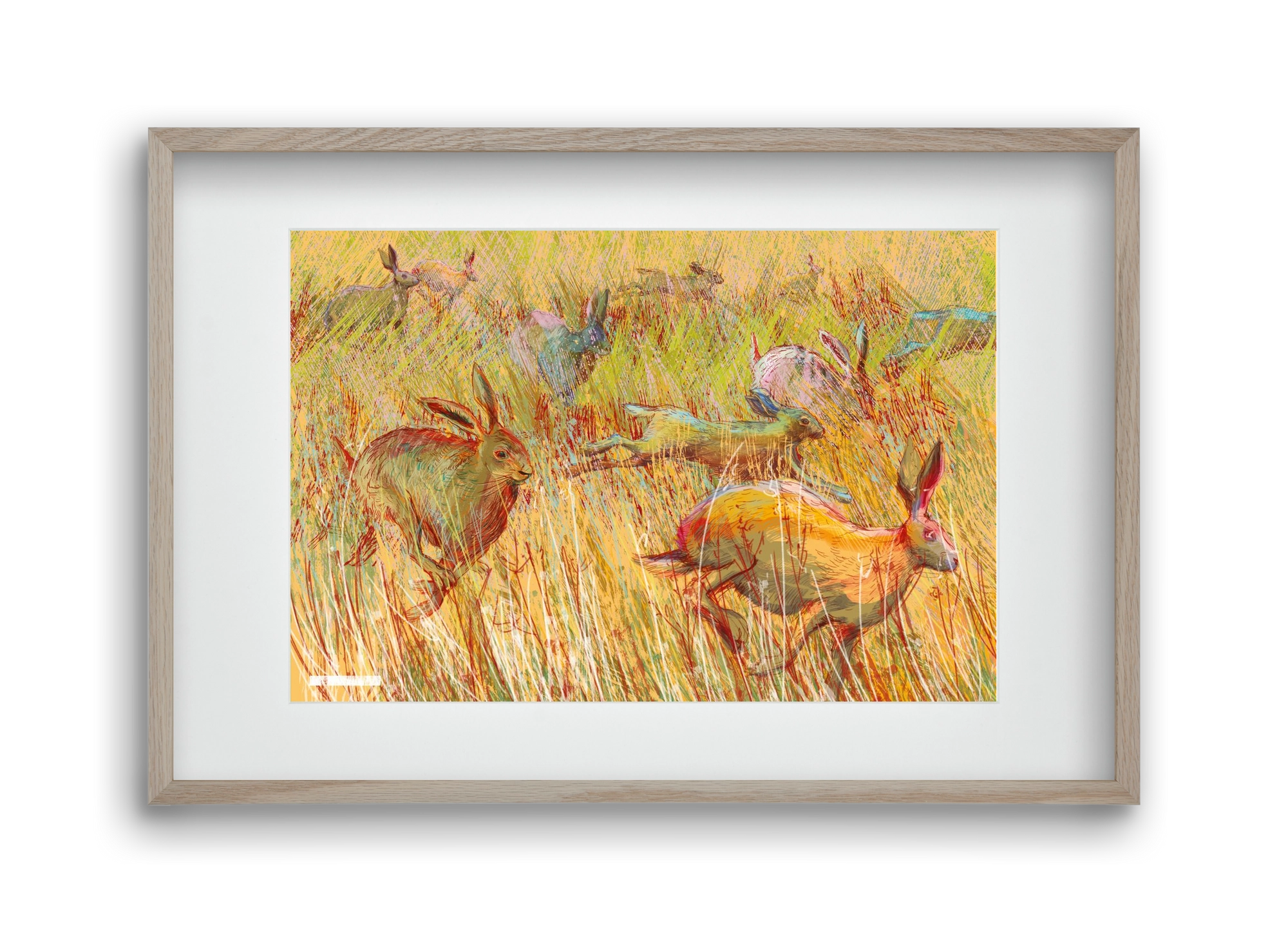 Running of hares, 45x30 cm (30x20 cm), Tölgy keret, paszpartuval