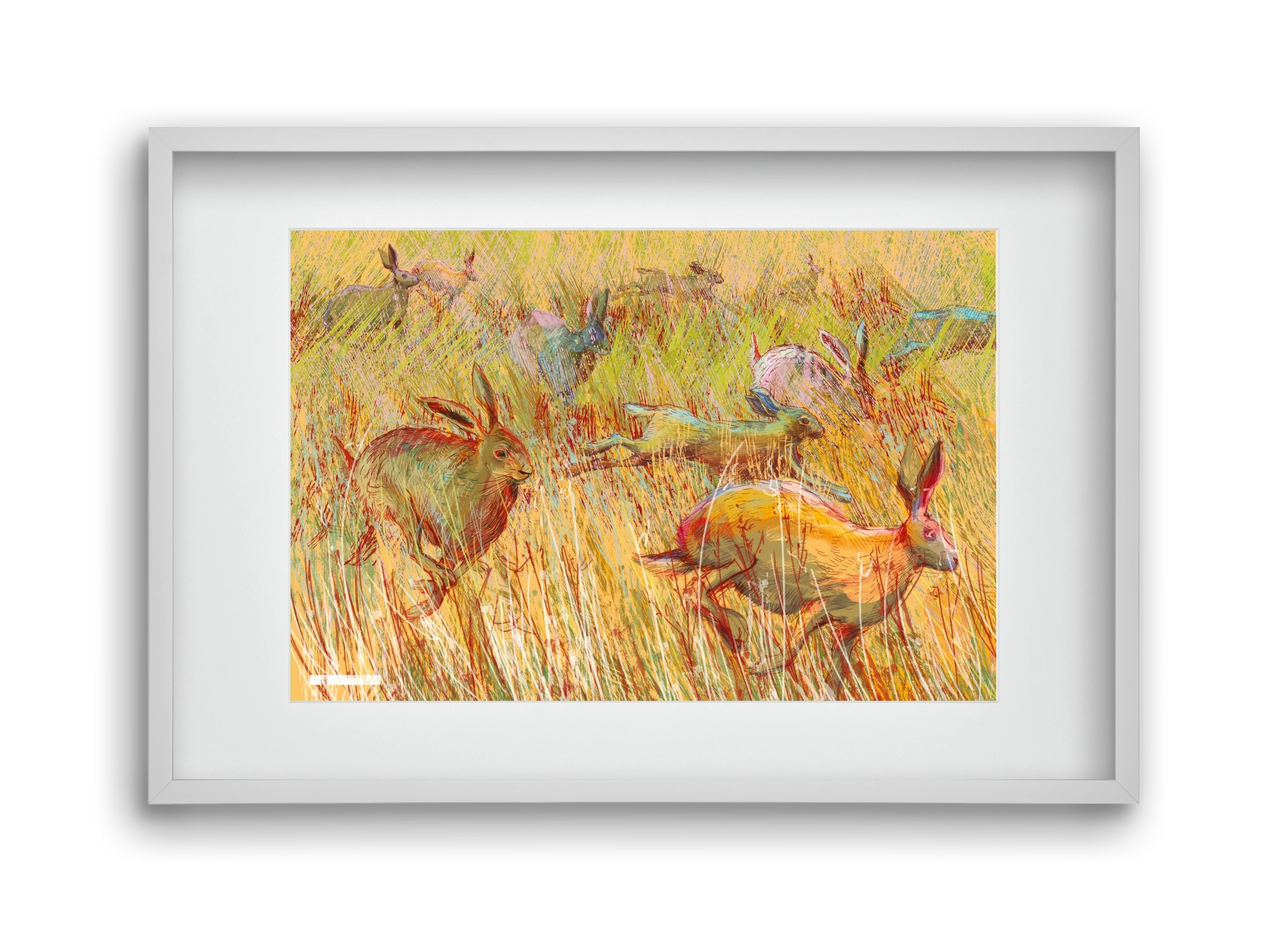Running of hares, 45x30 cm (30x20 cm), Fehér keret, paszpartuval