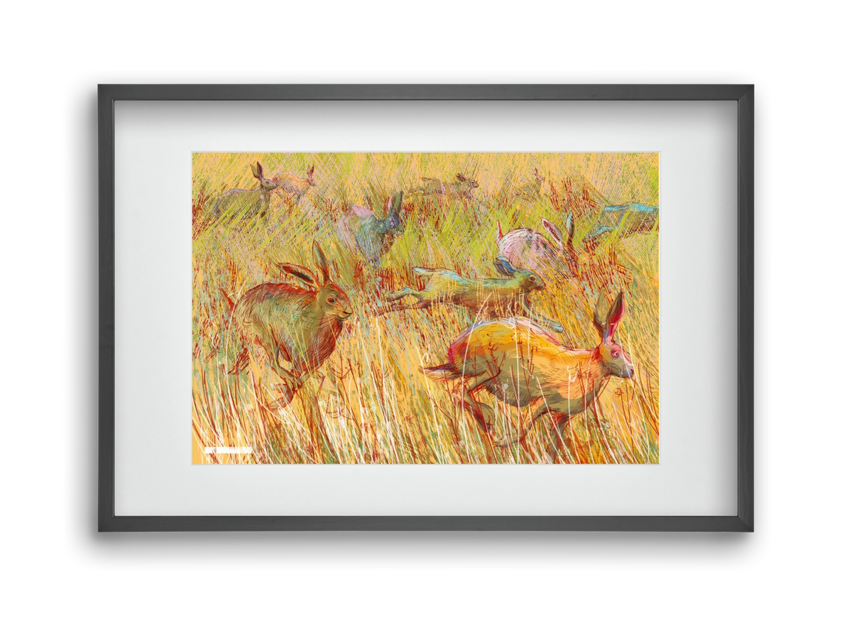 Running of hares, 45x30 cm (30x20 cm), Fekete keret, paszpartuval