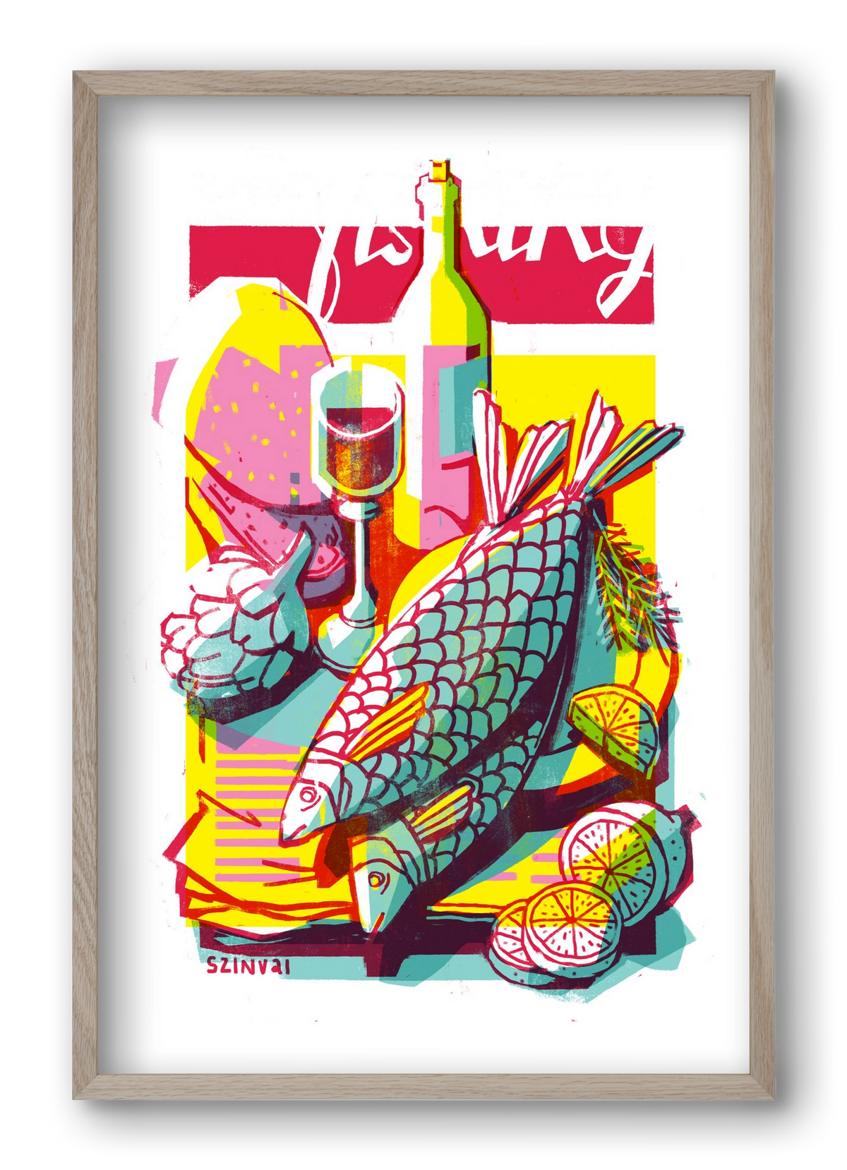 Still-life with fish, 40x60 cm (40x60 cm), Tölgy keret