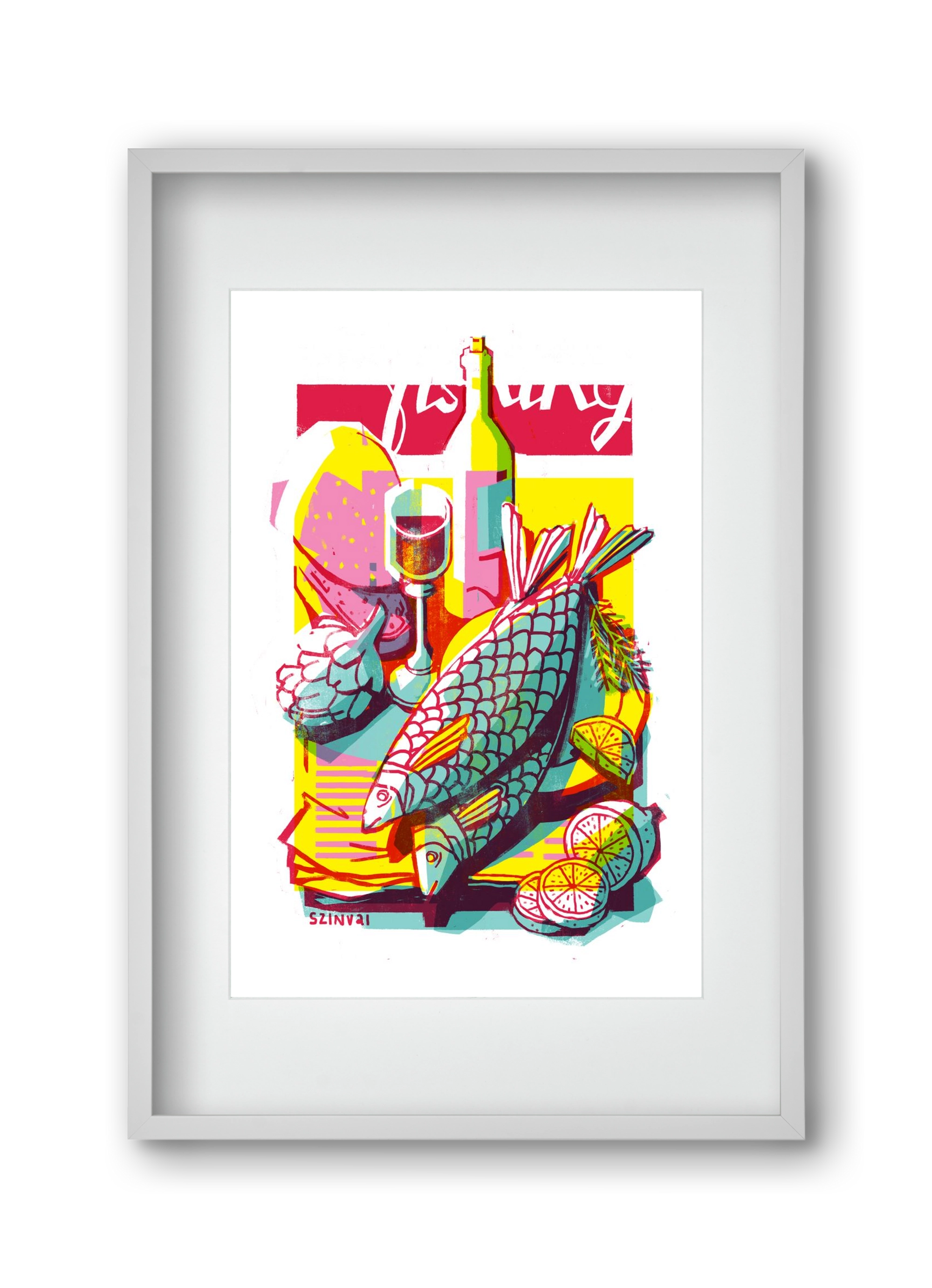 Still-life with fish, 30x45 cm (20x30 cm), Fehér keret, paszpartuval