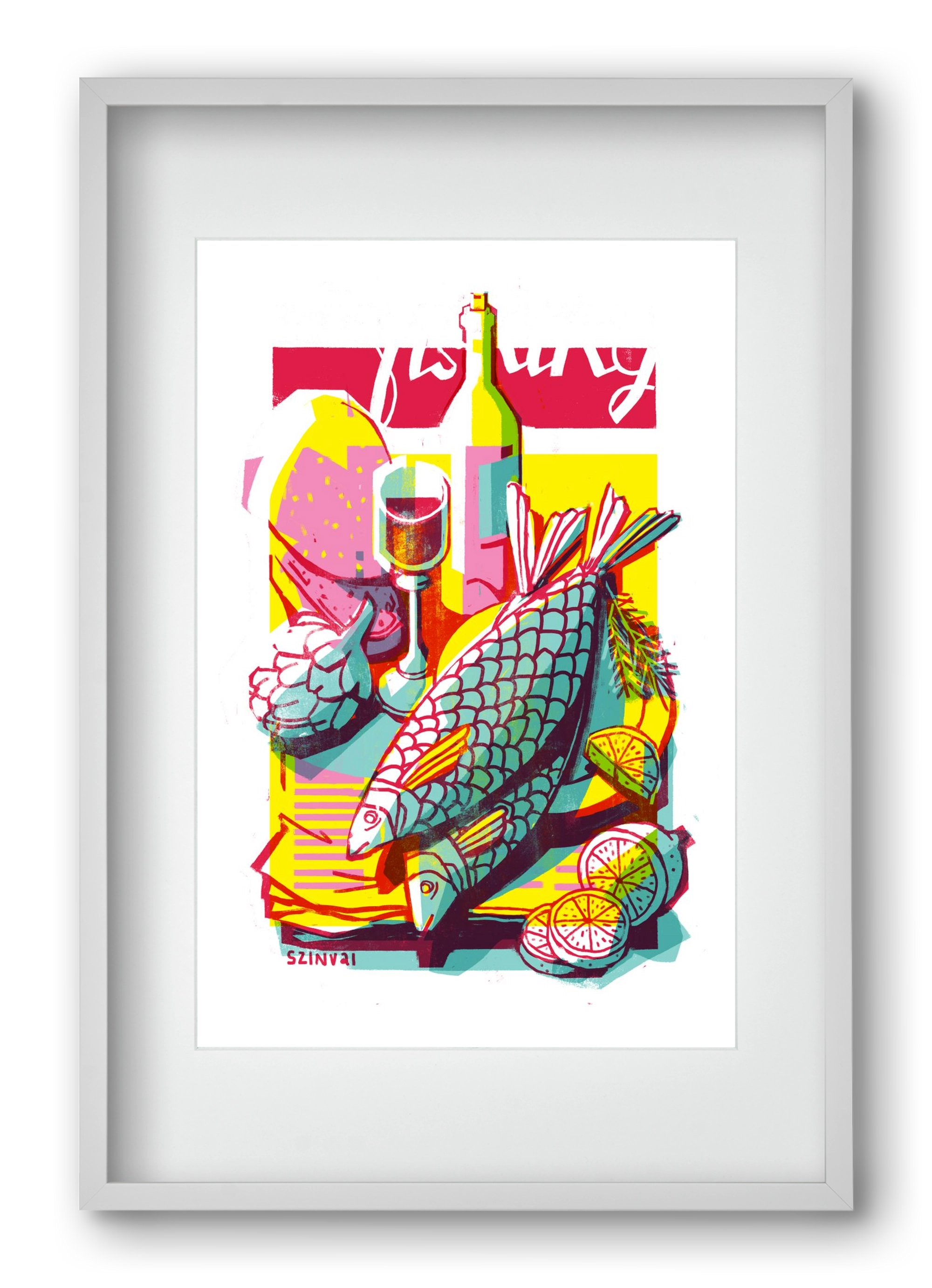 Still-life with fish, 40x60 cm (30x45 cm), Fehér keret, paszpartuval