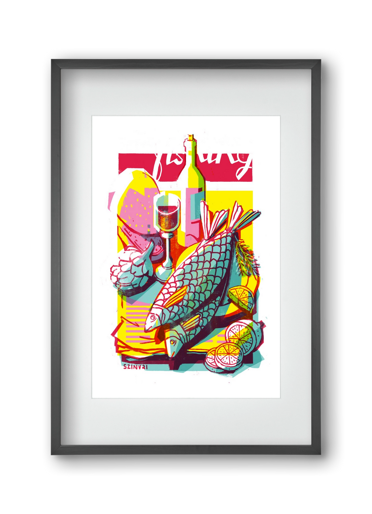 Still-life with fish, 30x45 cm (20x30 cm), Fekete keret, paszpartuval