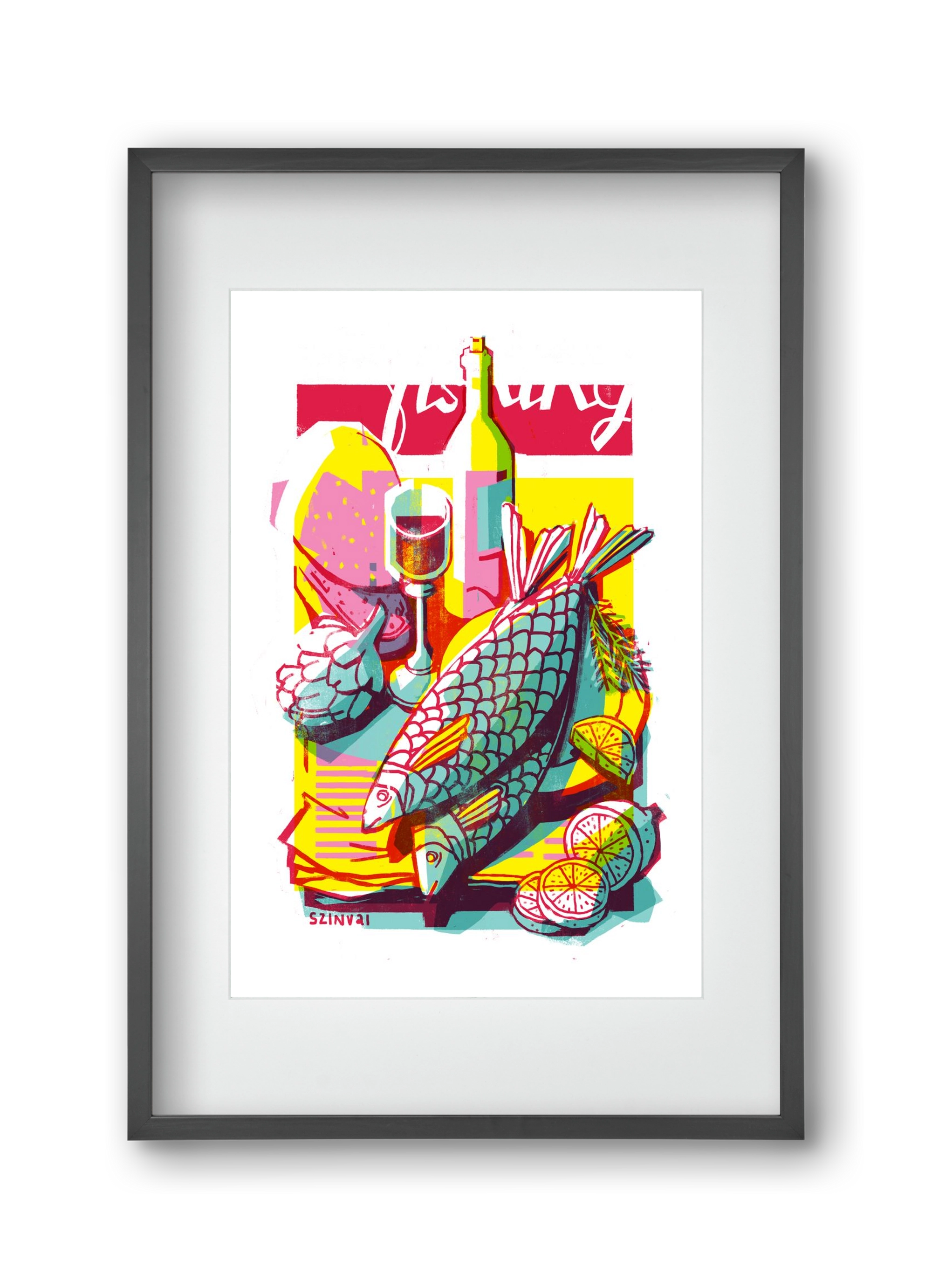 Still-life with fish, 30x45 cm (20x30 cm), Fekete keret, paszpartuval