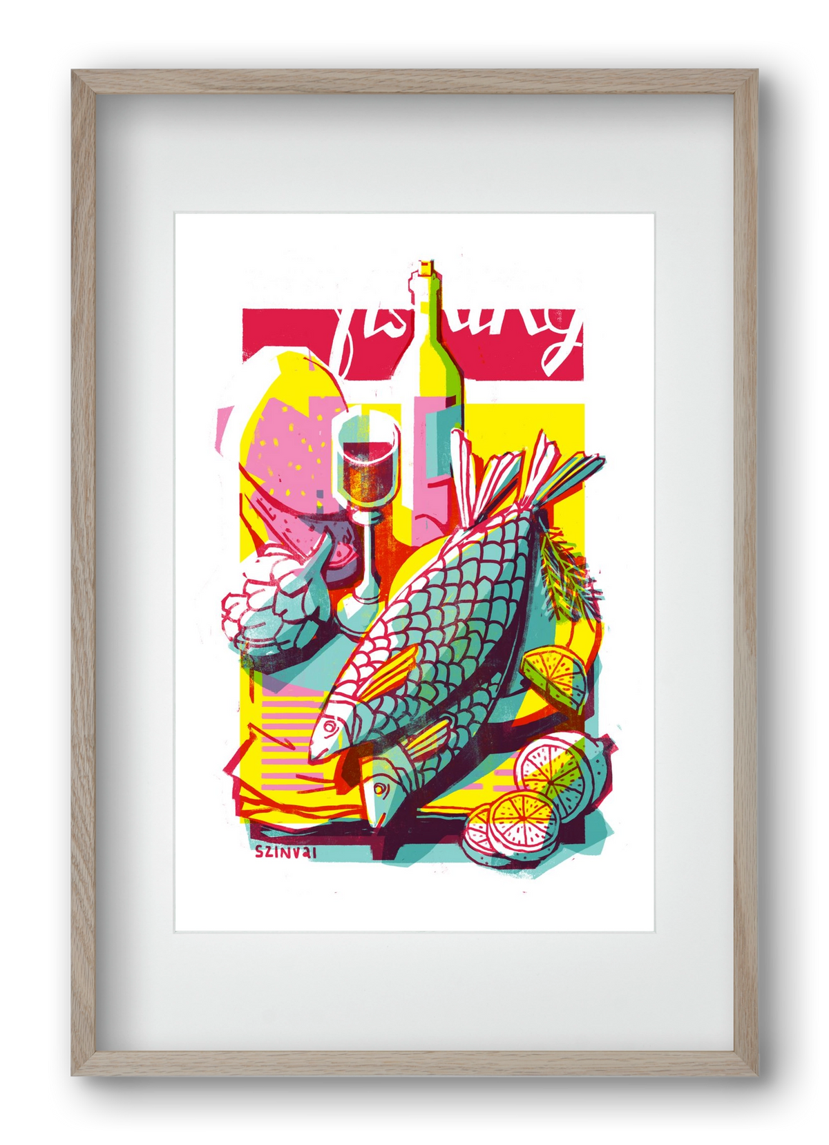 Still-life with fish, 40x60 cm (30x45 cm), Tölgy keret, paszpartuval