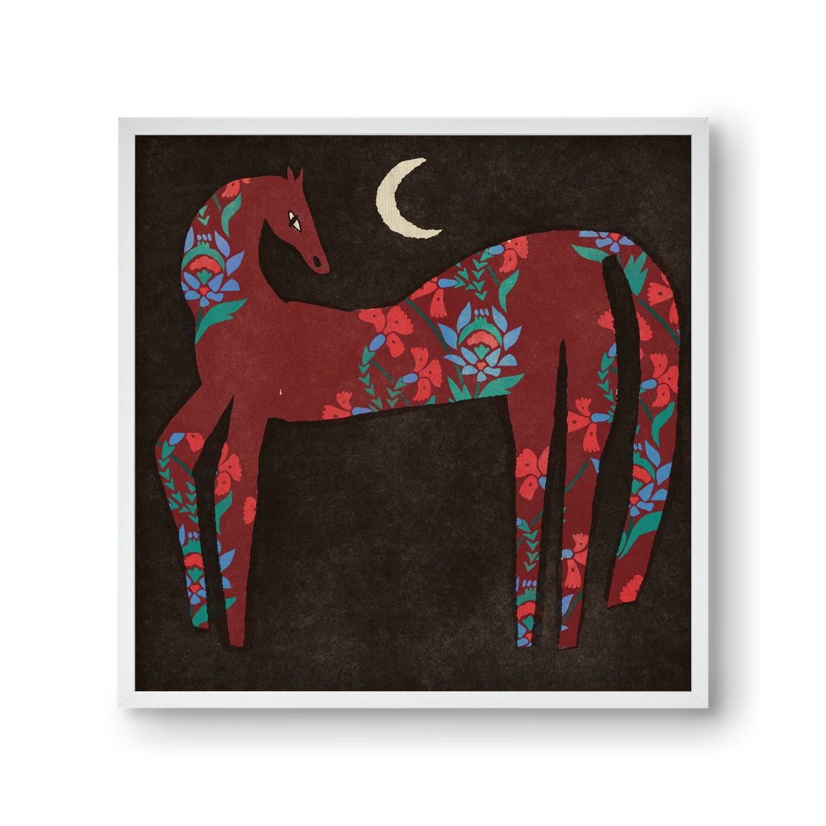 Black flower horse, 30x30 cm (30x30 cm), Fehér keret