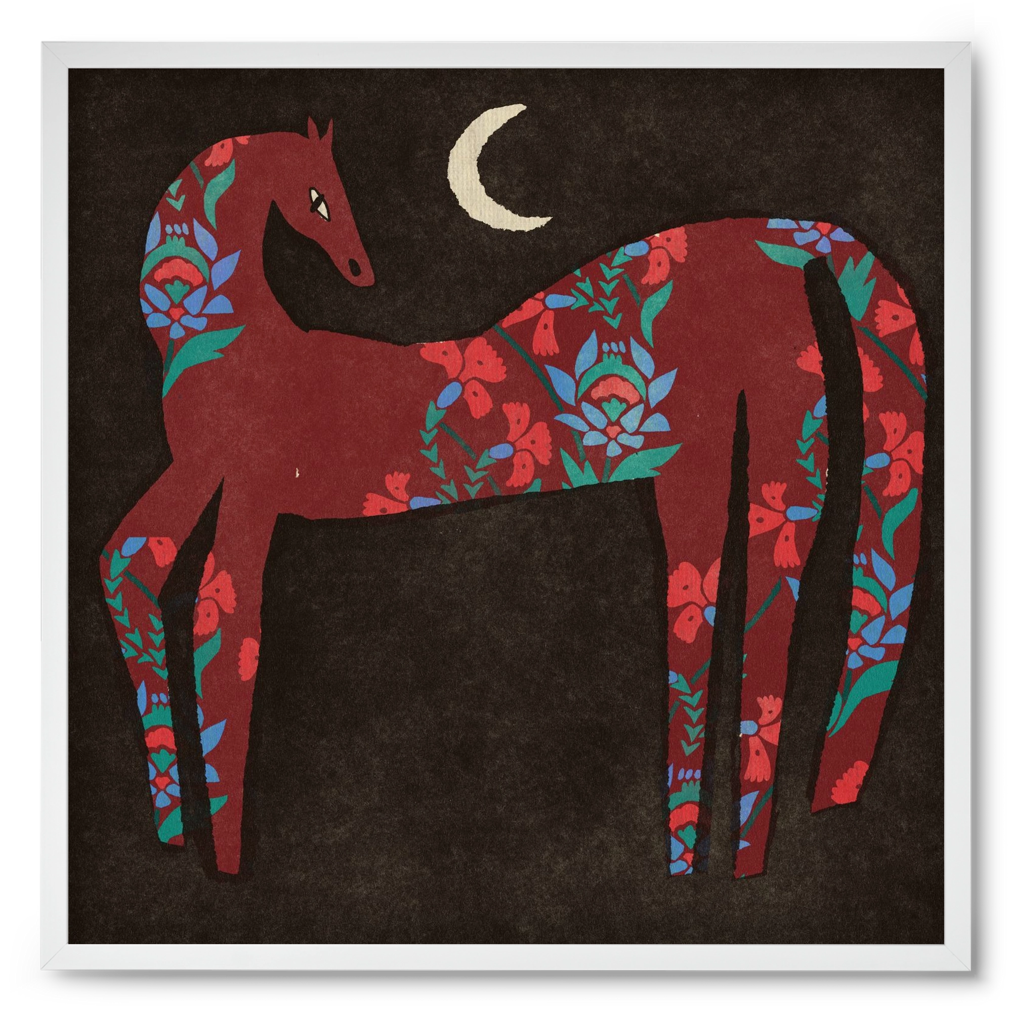 Black flower horse, 50x50 cm (50x50 cm), Fehér keret