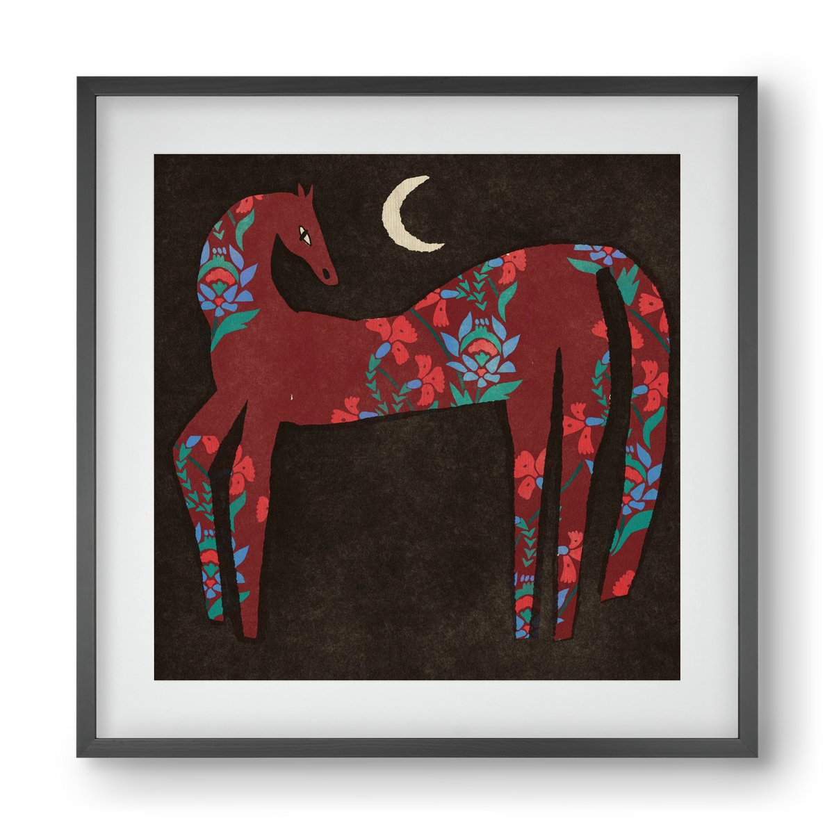 Black flower horse, 40x40 cm (30x30 cm), Fekete keret, paszpartuval