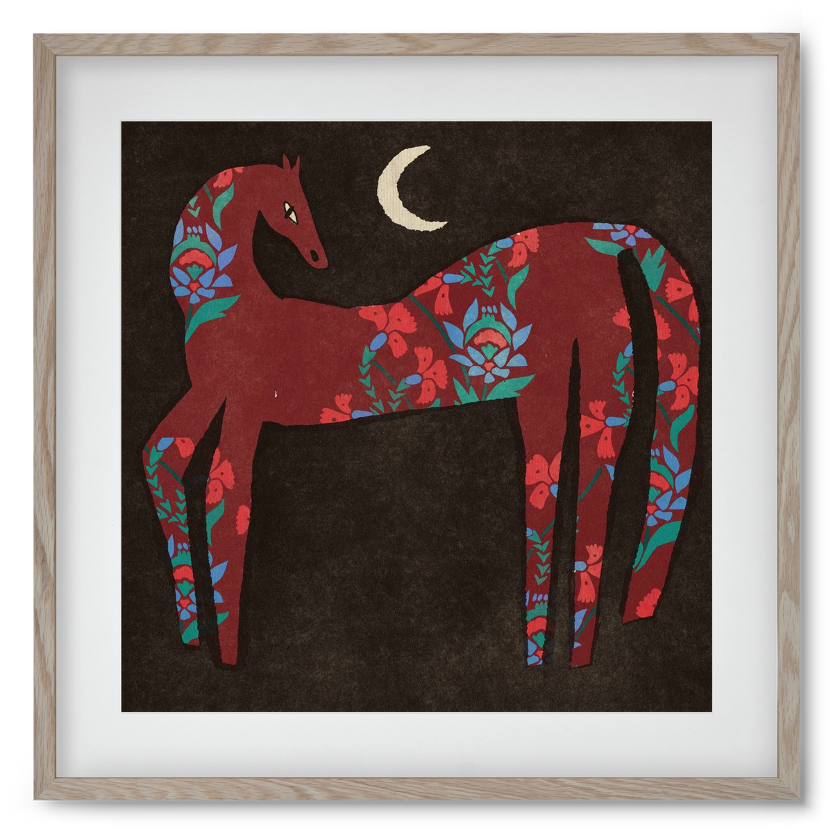 Black flower horse, 50x50 cm (40x40 cm), Tölgy keret, paszpartuval