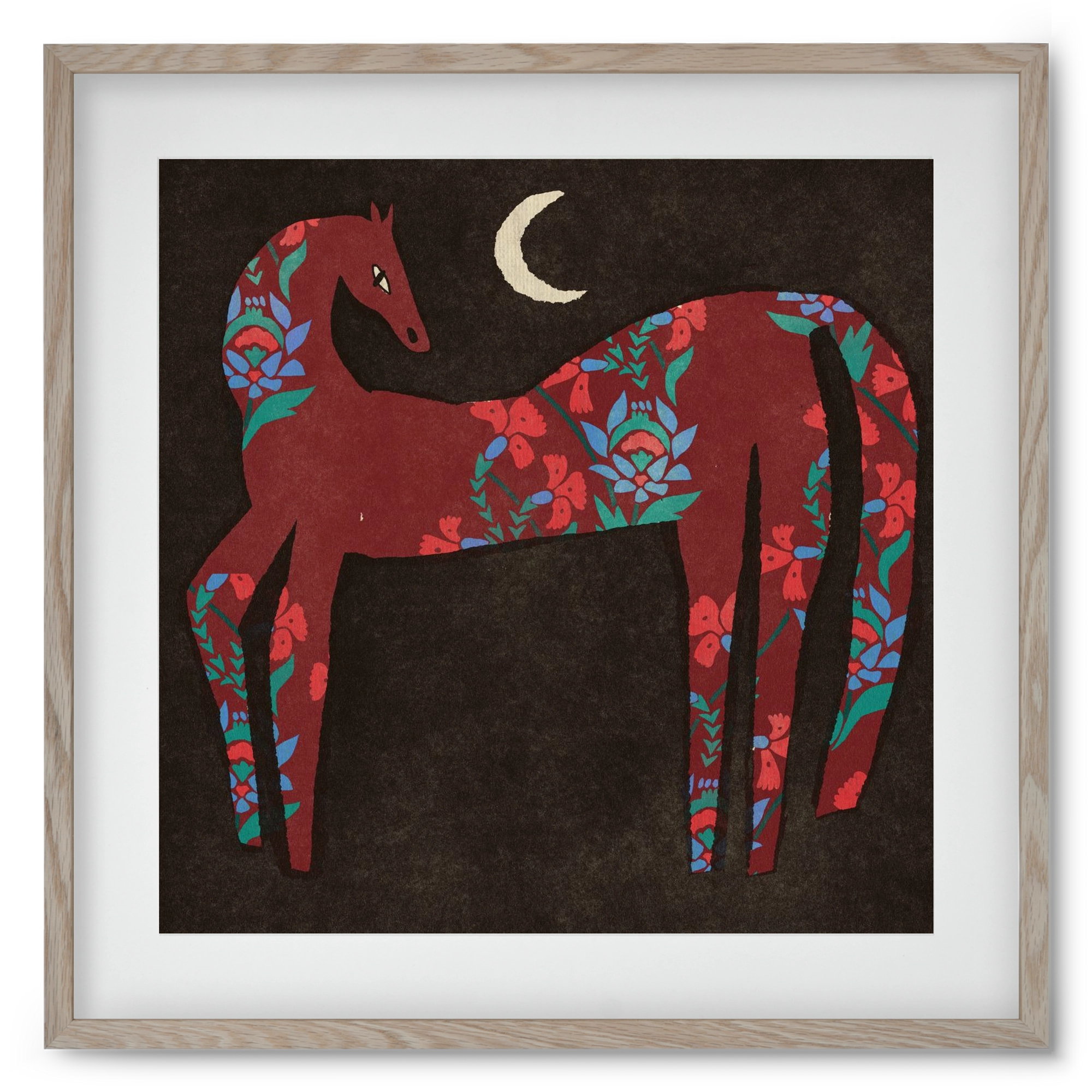 Black flower horse, 50x50 cm (40x40 cm), Tölgy keret, paszpartuval