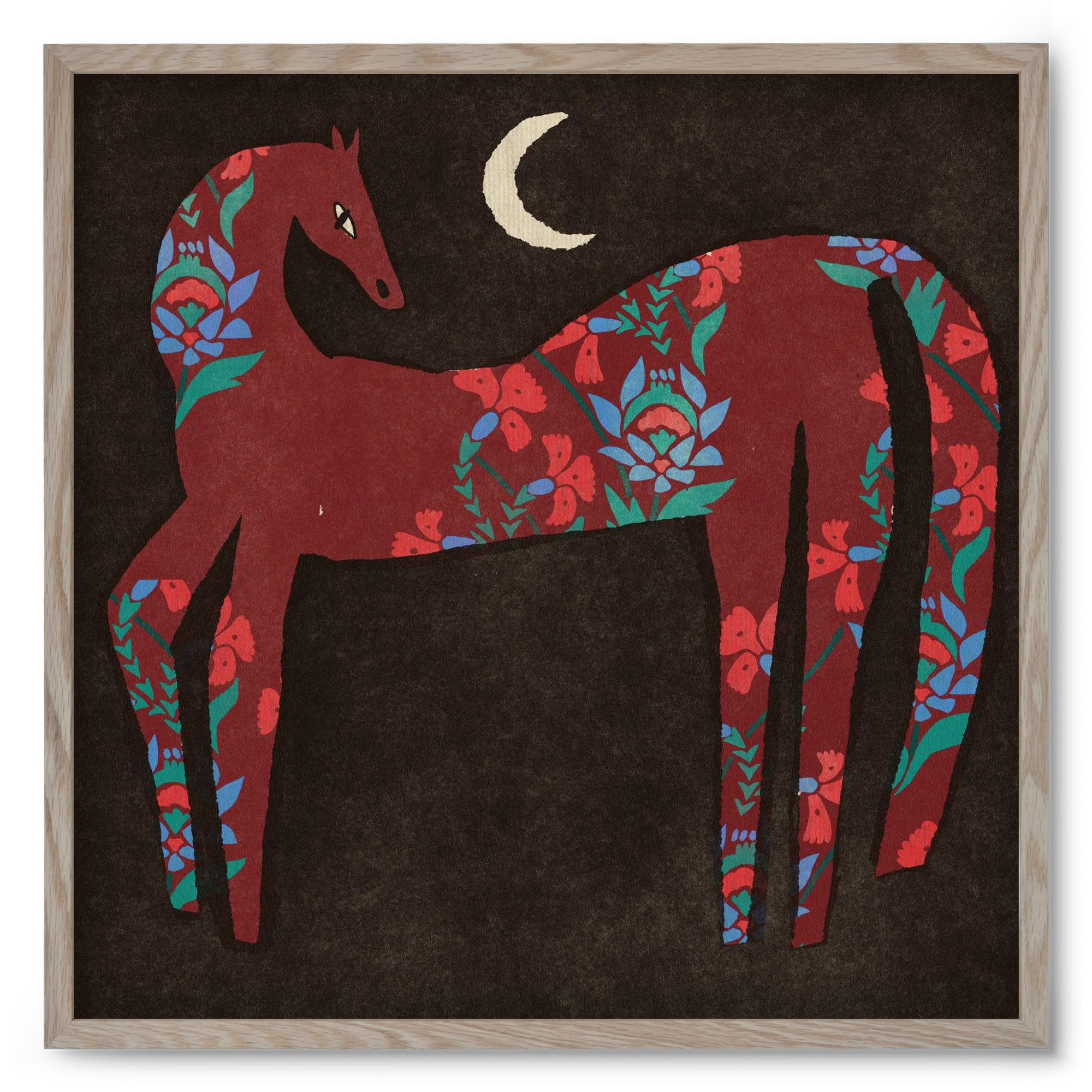 Black flower horse, 50x50 cm (50x50 cm), Tölgy keret