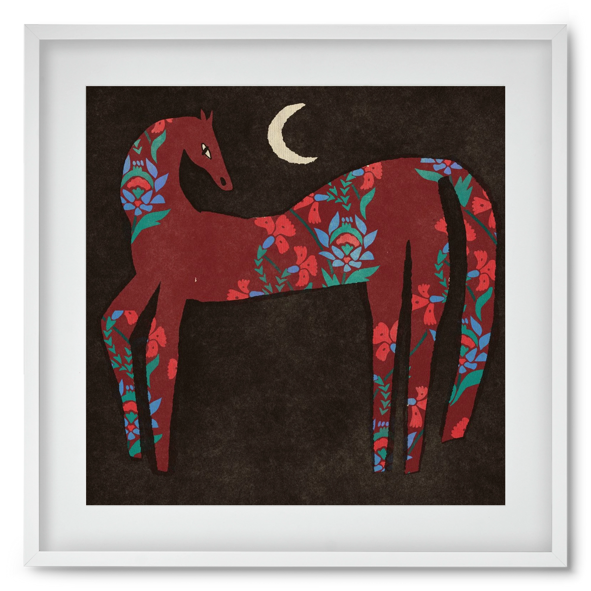 Black flower horse, 50x50 cm (40x40 cm), Fehér keret, paszpartuval