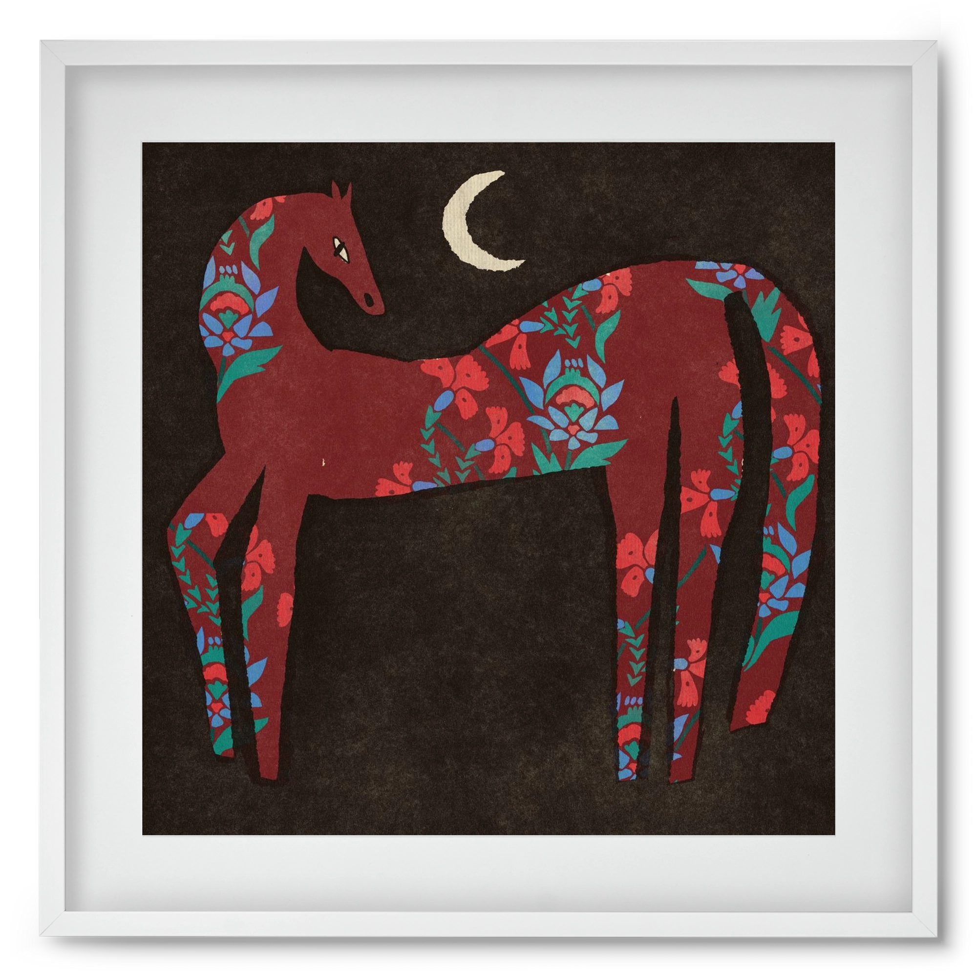 Black flower horse, 50x50 cm (40x40 cm), Fehér keret, paszpartuval