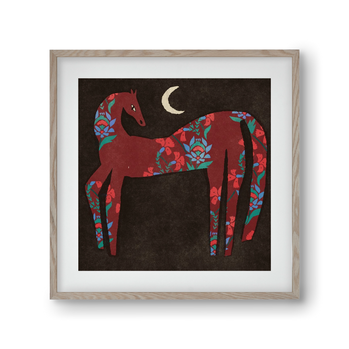 Black flower horse, 30x30 cm (20x20 cm), Tölgy keret, paszpartuval