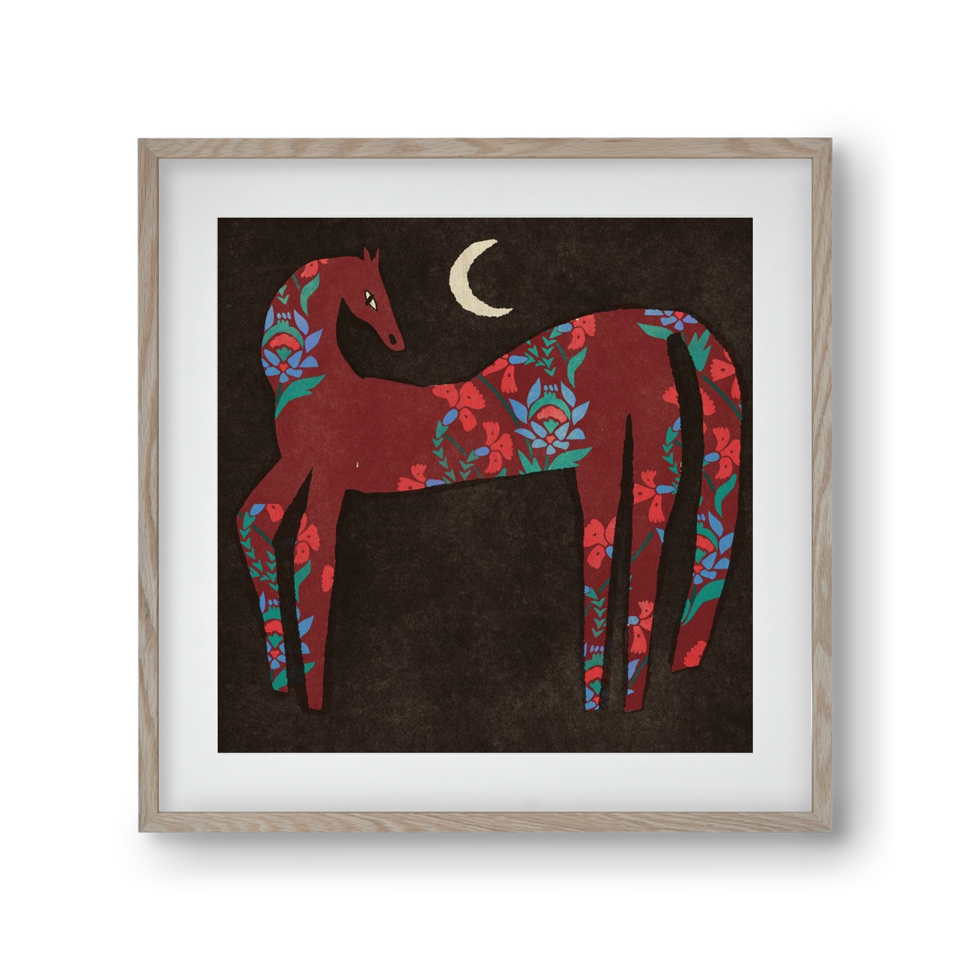 Black flower horse, 30x30 cm (20x20 cm), Tölgy keret, paszpartuval