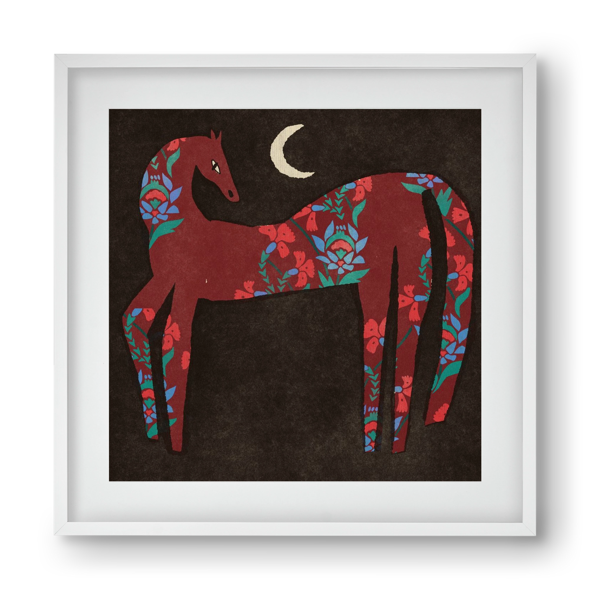 Black flower horse, 40x40 cm (30x30 cm), Fehér keret, paszpartuval
